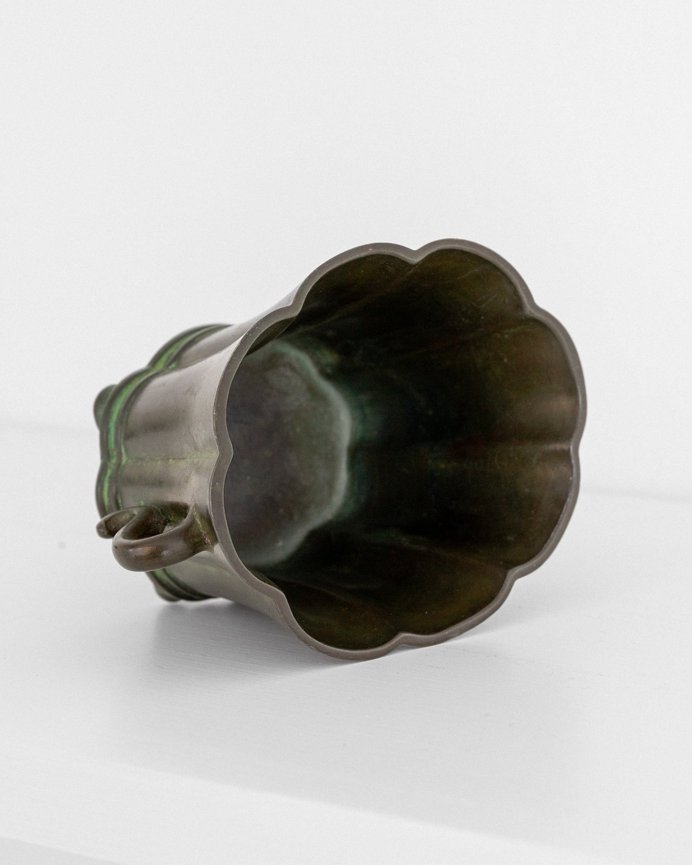Art Deco Miniature Jardiniere by Just Andersen, Denmark, 1930s — angled view highlighting green patina finish