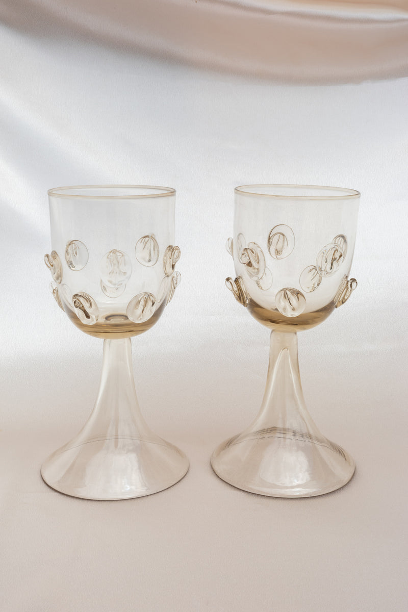 Pair of Mouthblown Wine Goblets - Dots by Lucie Claudia Podrabska | The Oblist — handcrafted glass, clear color