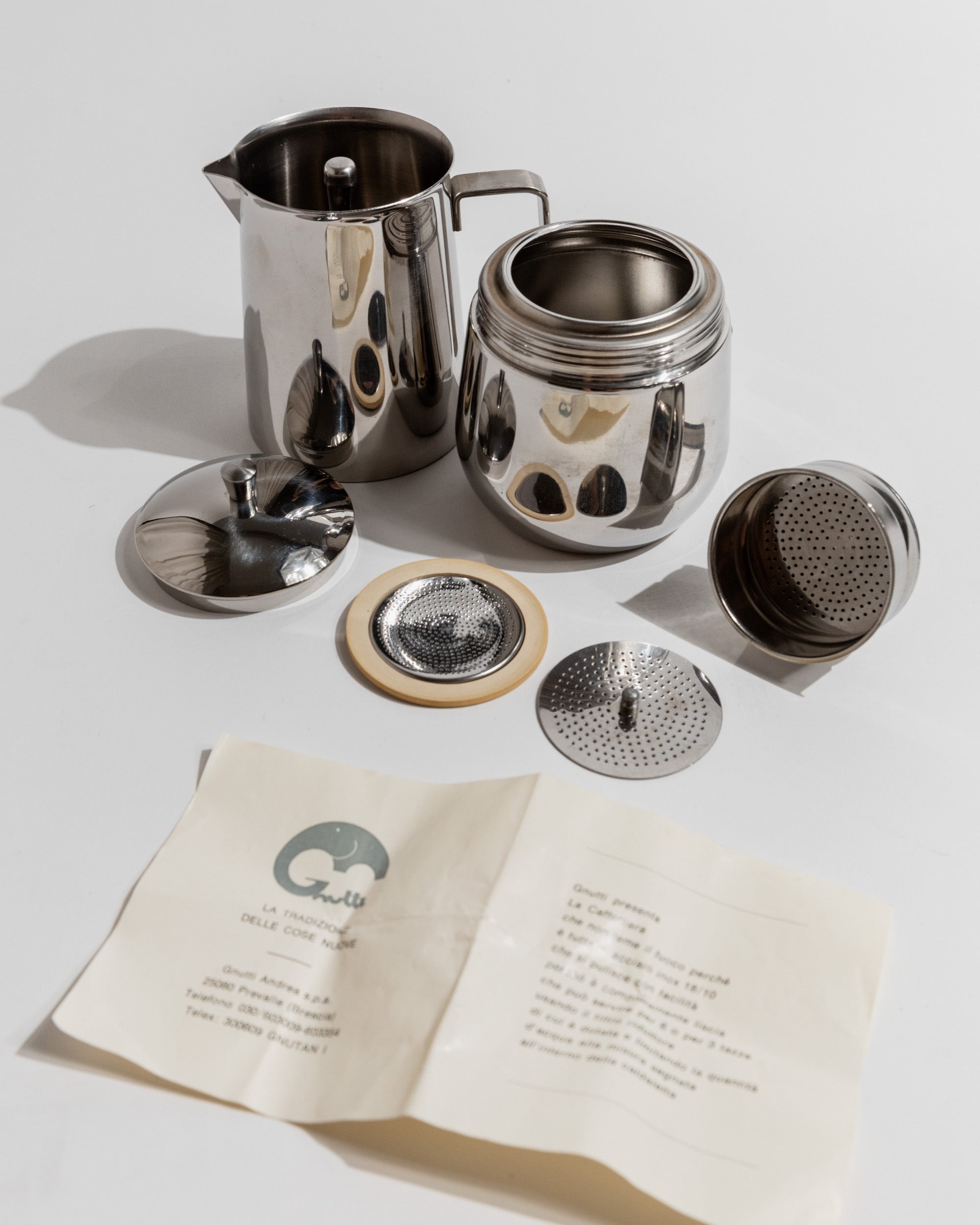 Elegant Vintage Coffee Set, 13 Pieces, Stainless Steel, Design by Gnutti Italy 1980s, Gift — top view of polished stainless s