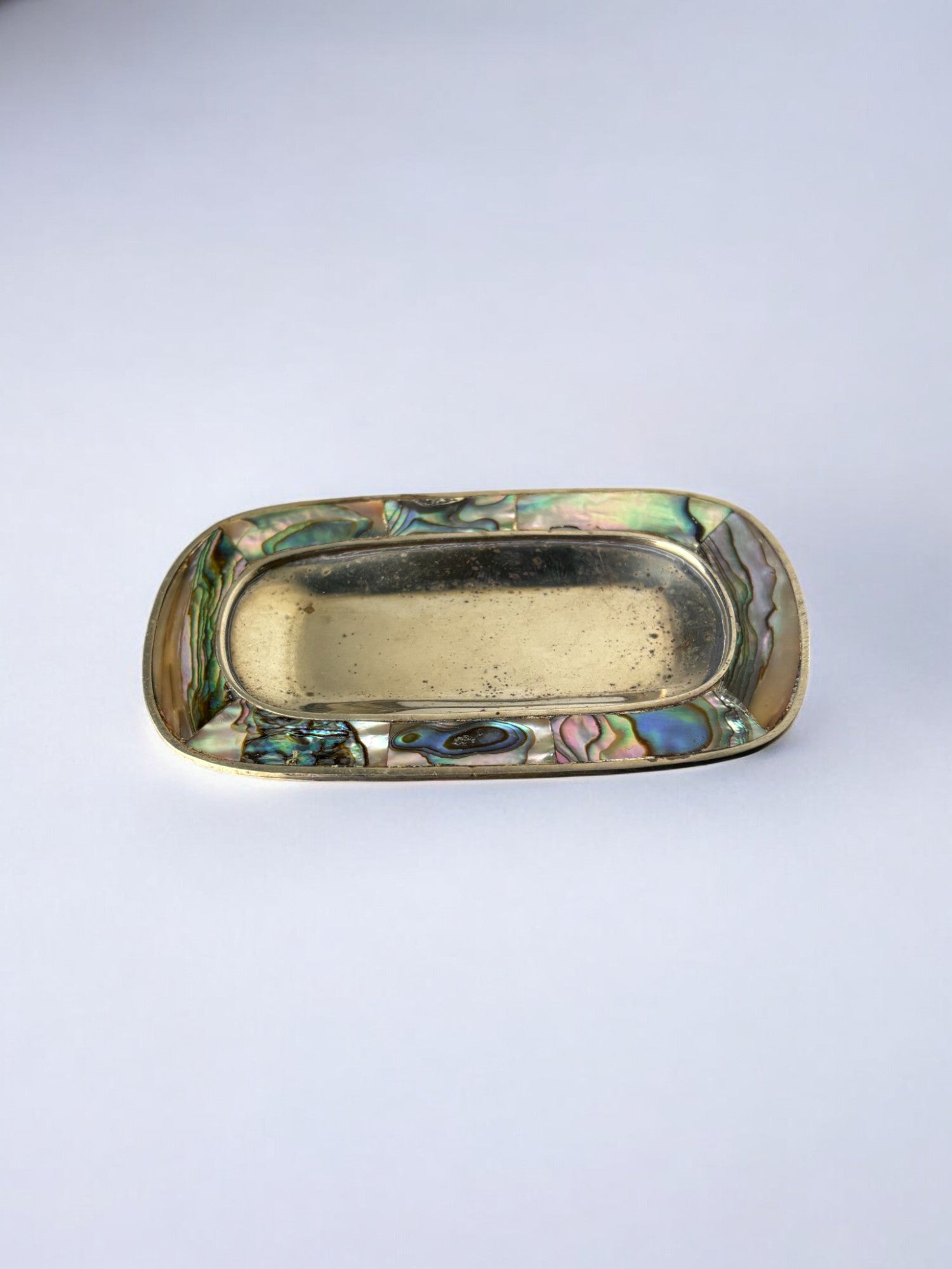 Abalone shell & alpaca tray, Mexico, circa 1970 — angled view highlighting iridescent shell interior