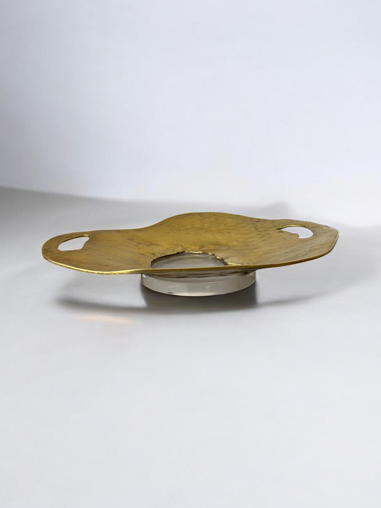 Brutalist Centerpiece by Leopold, Bronze & Lucite, Spain, 1970's — top view of bronze dish with Lucite base