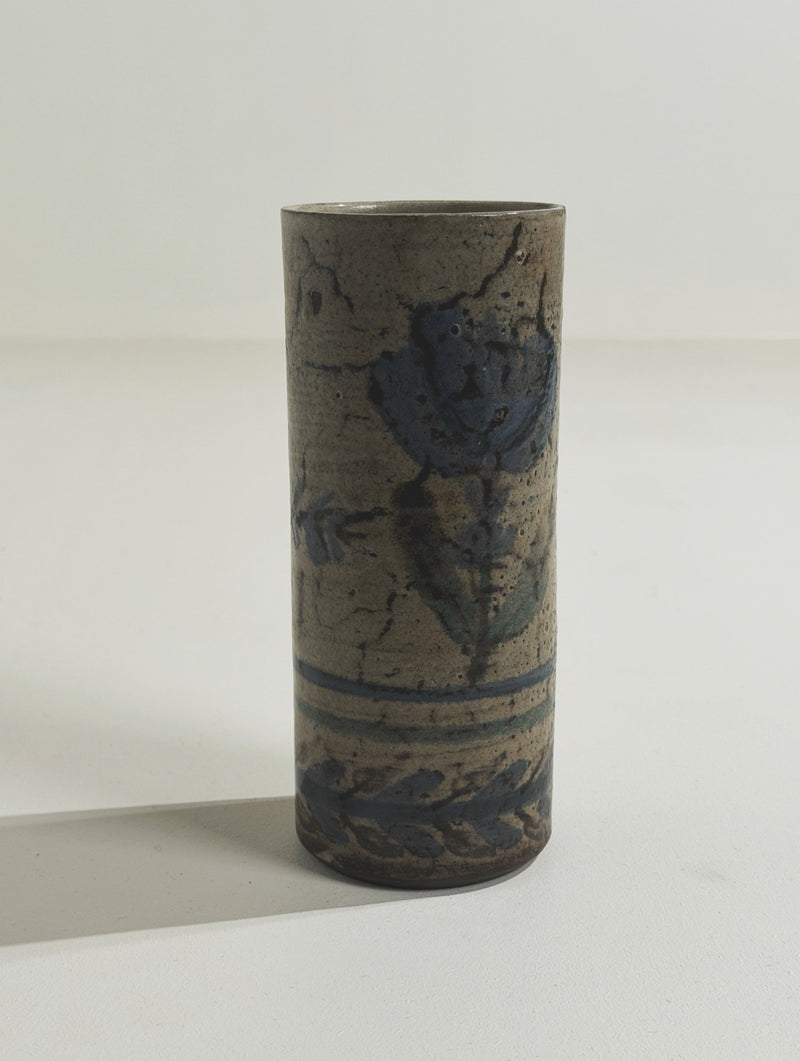 Roller vase by Gustave Reynaud, Atelier Le Mûrier | The Oblist — ceramic, blue floral design
