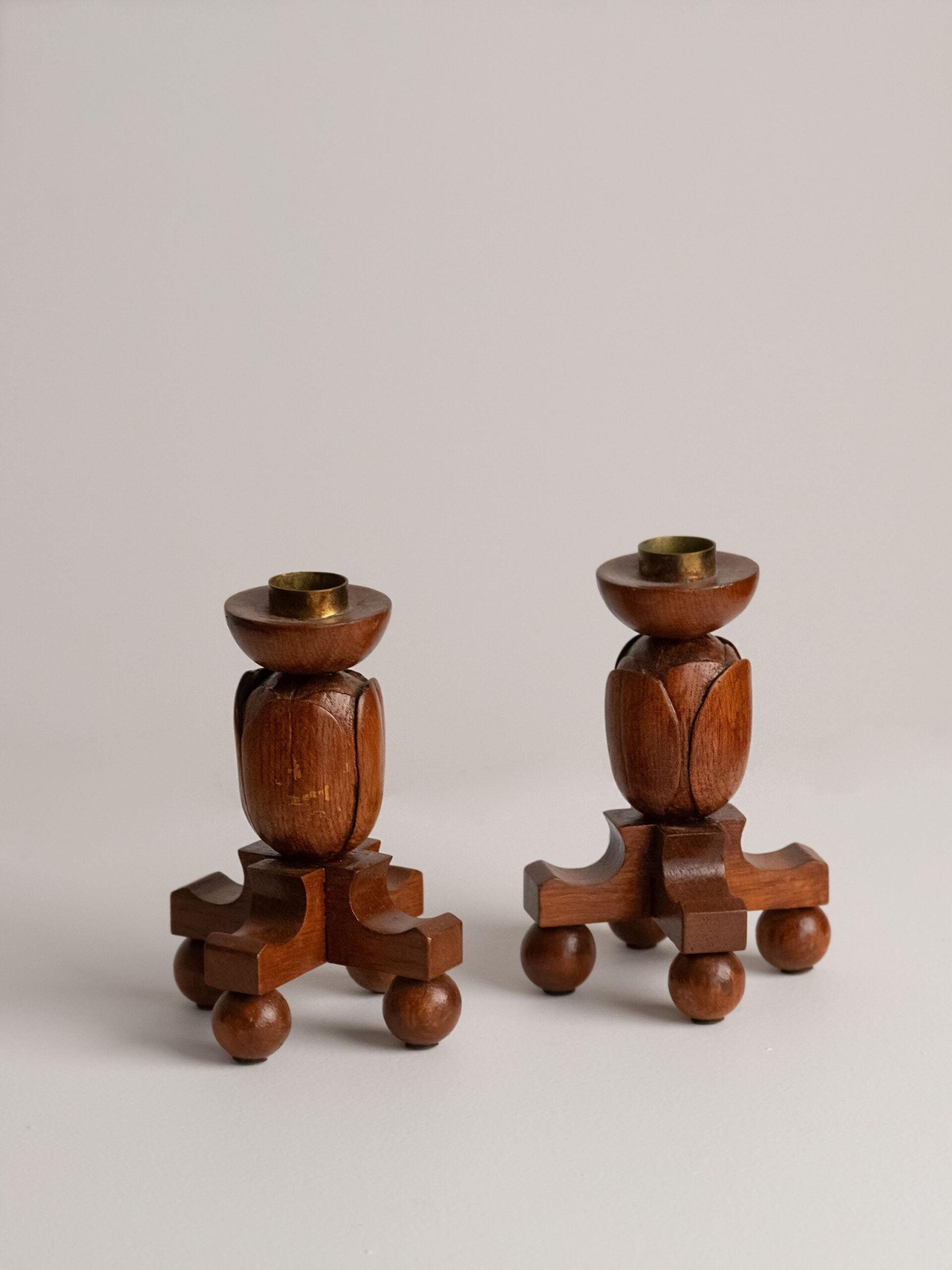 Vintage Hand-Carved Wooden Tulip Candlesticks, Mid-Century Scandinavian Folk Art, Pair — side angle