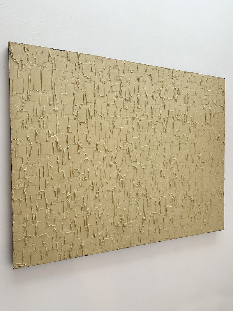 Heavy texture detail of buff titanium abstract painting by Roi Elmaliah