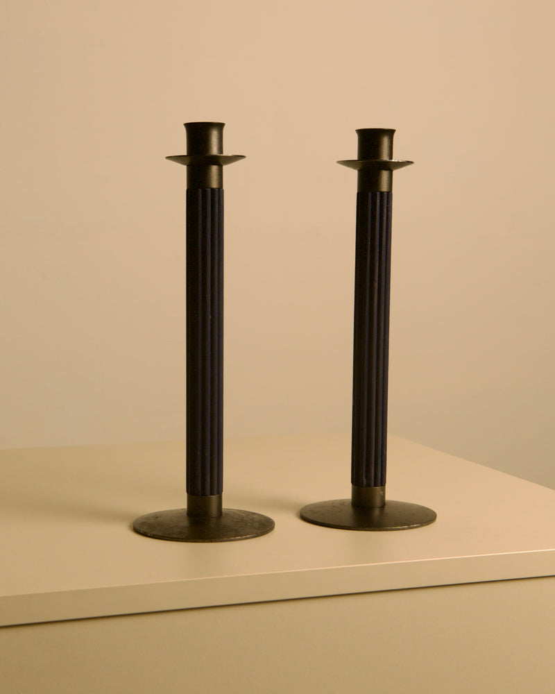 Pair of Swedish Midnight Blue Metal and Wood Candleholders c. 1960 by Treaptyque | The Oblist — vintage metal and wood design