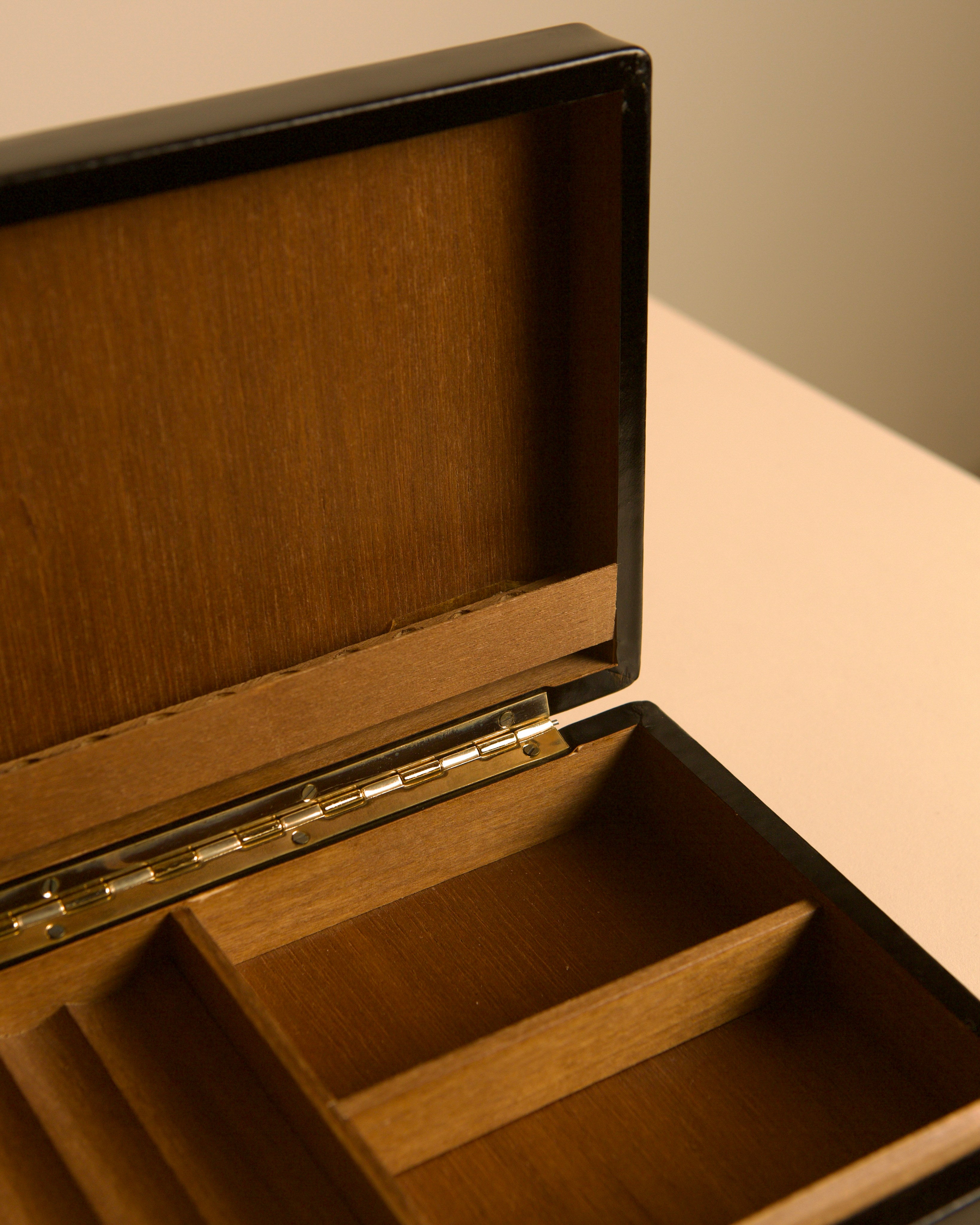 Italian Box in Black Leather, 1960s — top view showing interior compartments
