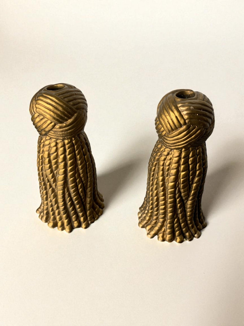 Pair of Golden Knot Candleholders in Plaster, Spain, 1980s — close-up showing textured golden surface