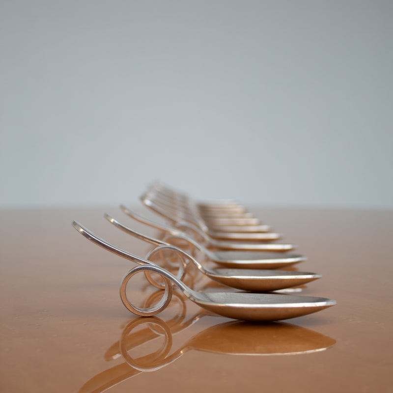Set of 12 Tasting Spoons by Broggi Milano — side view on polished surface