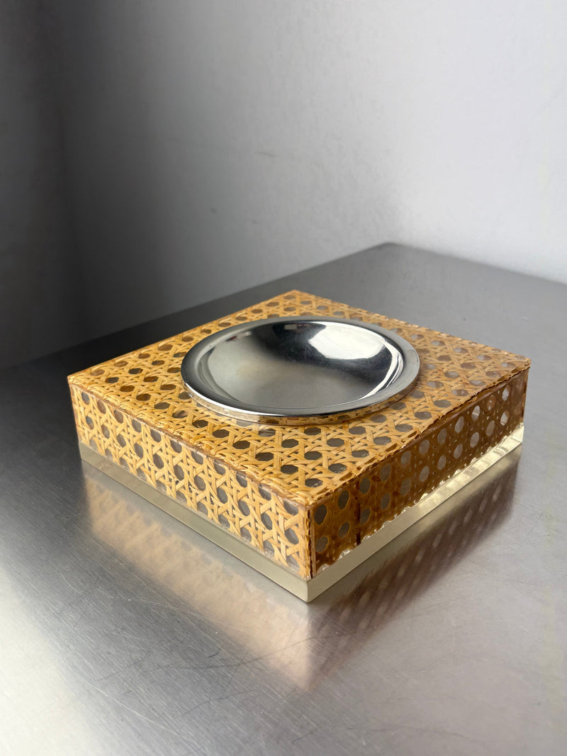 Christian Dior Style Lucite & Rattan Ashtray, 1970s by Malamar Studio | The Oblist — vintage rattan and metal