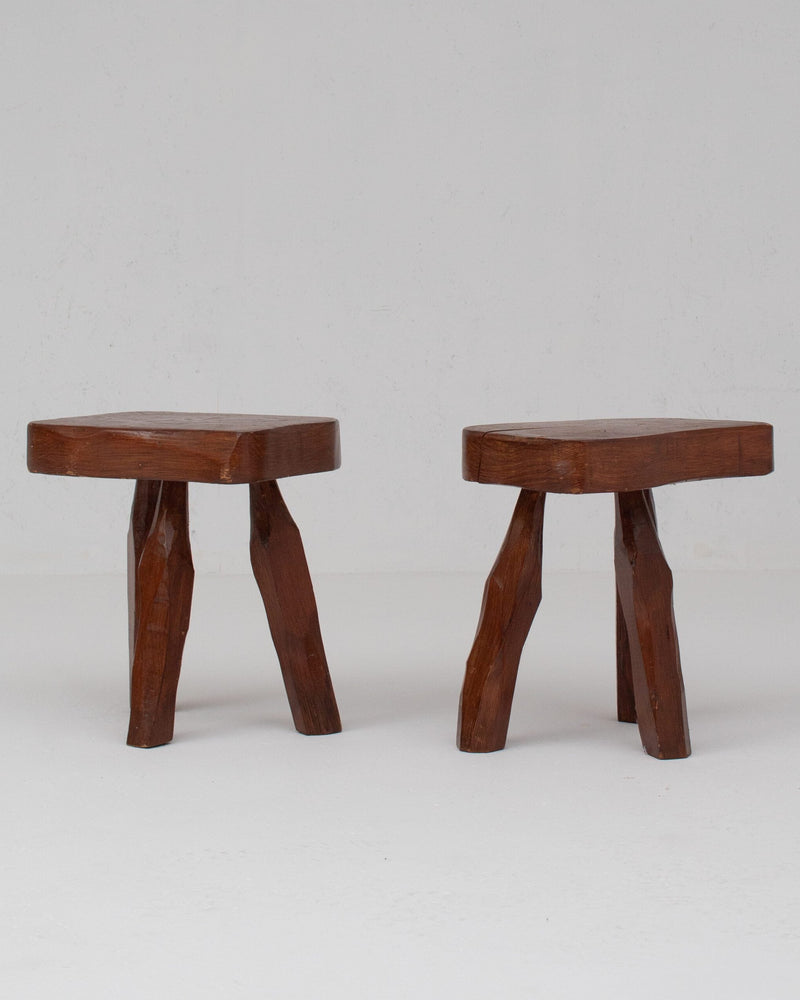 Pair of Sculptural Solid Wood Brutalist Stools, France, 1960s by Malata Antwerp | The Oblist