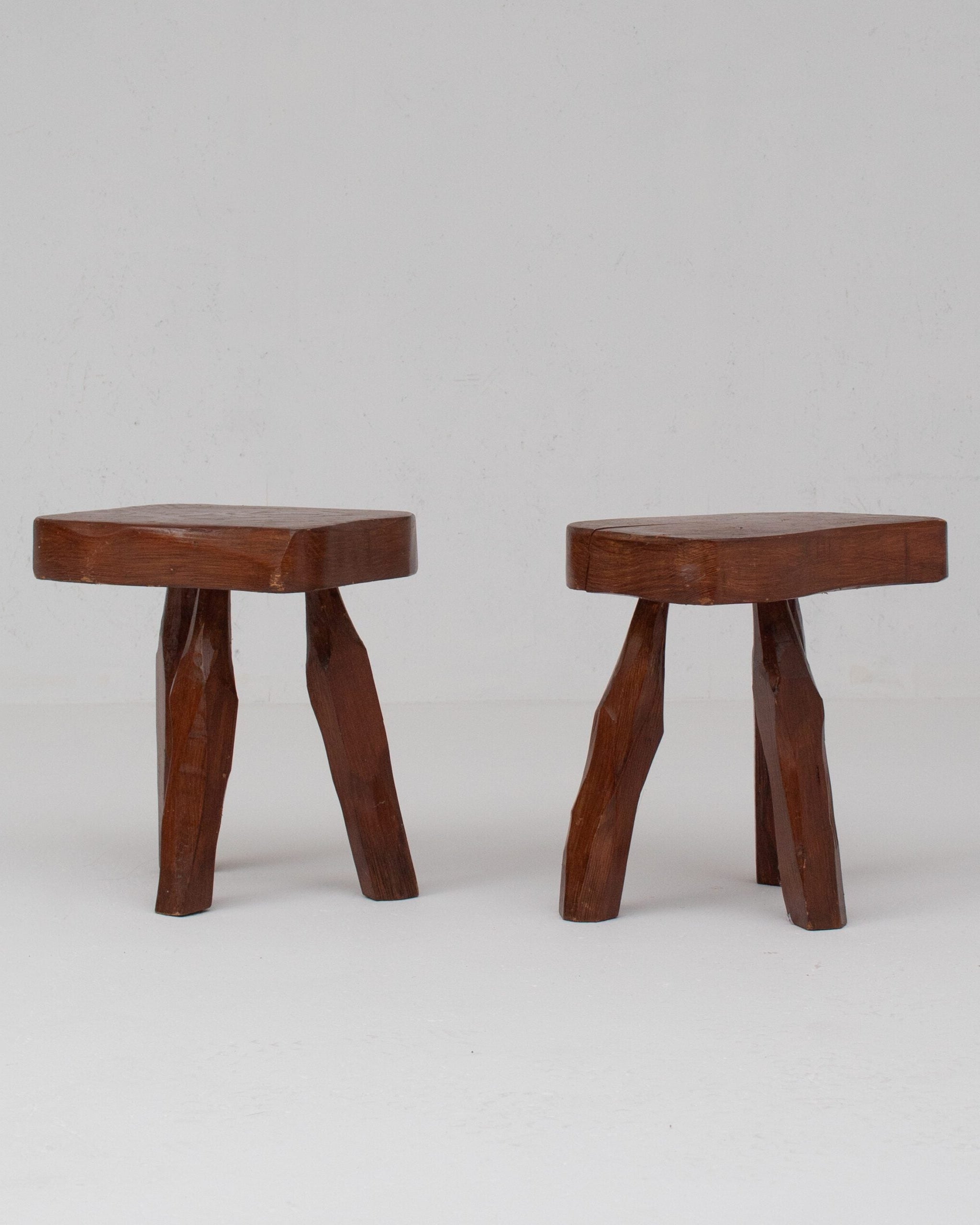Pair of Sculptural Solid Wood Brutalist Stools, France, 1960s by Malata Antwerp | The Oblist