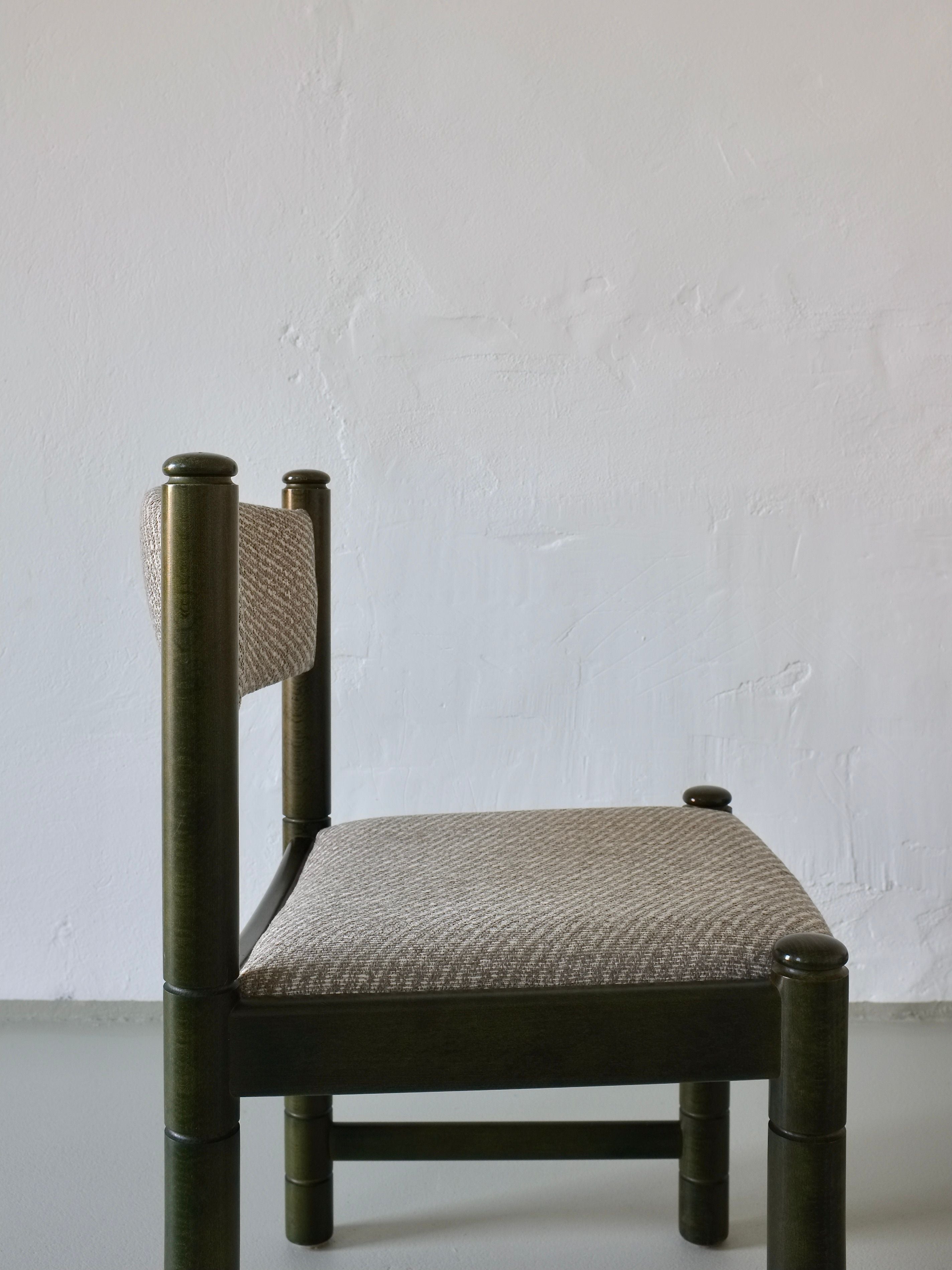 4 Green Carved Wooden Chair, Scandinavia 1960s — side view showing textured fabric seat