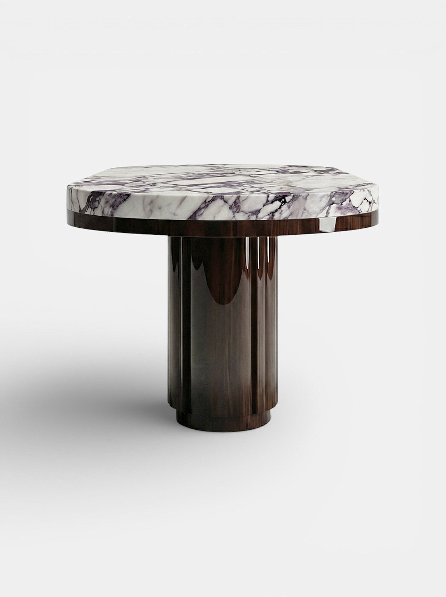 Mira Wood And Calacatta Viola Dining Table — close-up of marble top and wooden base
