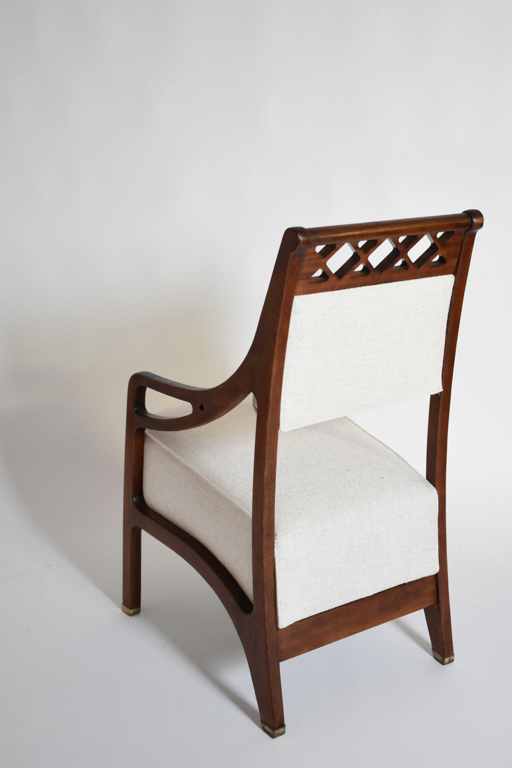 Pair of High Back Crosspieces Armchairs, 1960s — rear view highlighting wooden frame and fabric upholstery