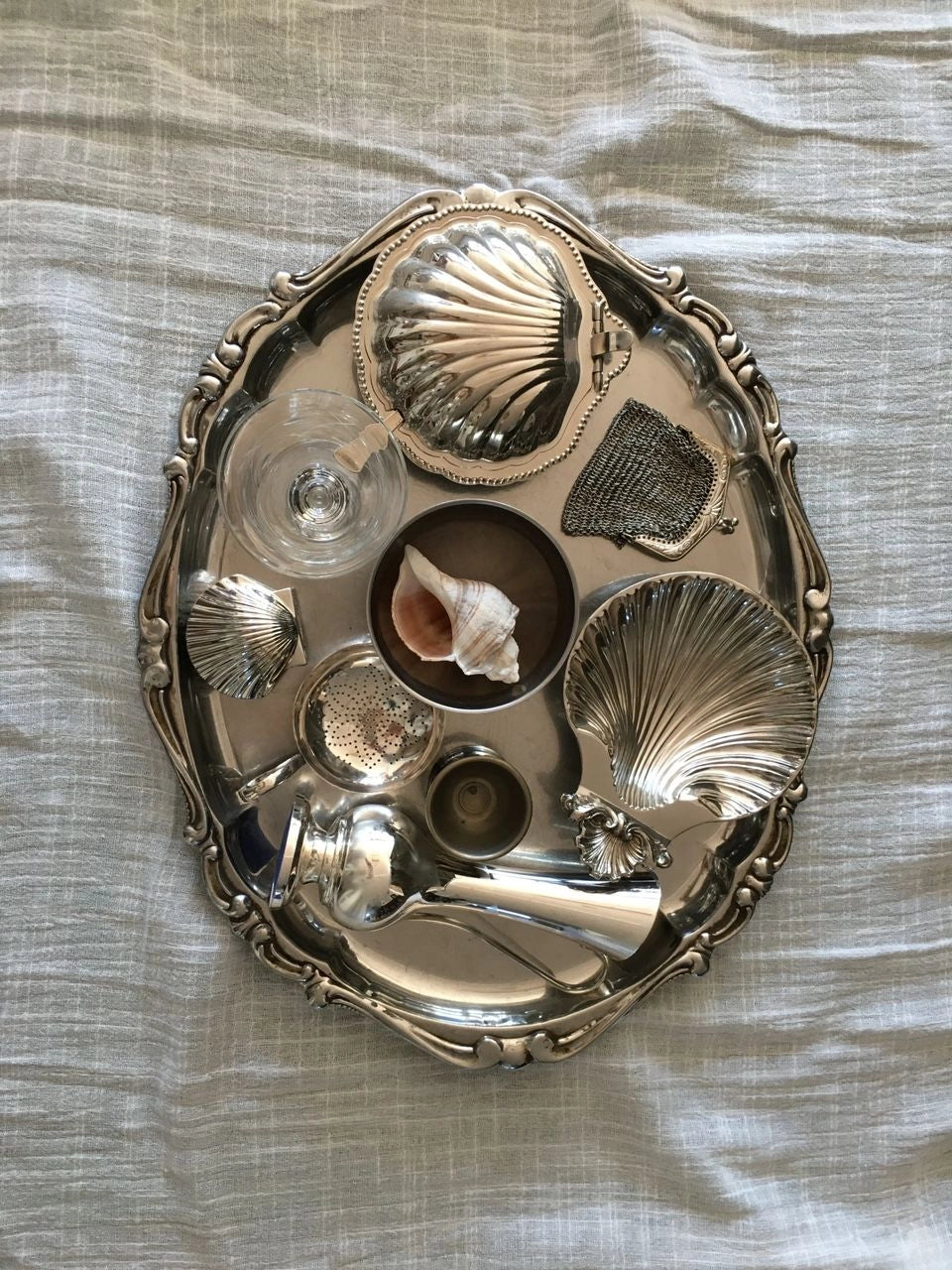 Edwardian Sterling Silver Plated Shell Pill Box — detail view
