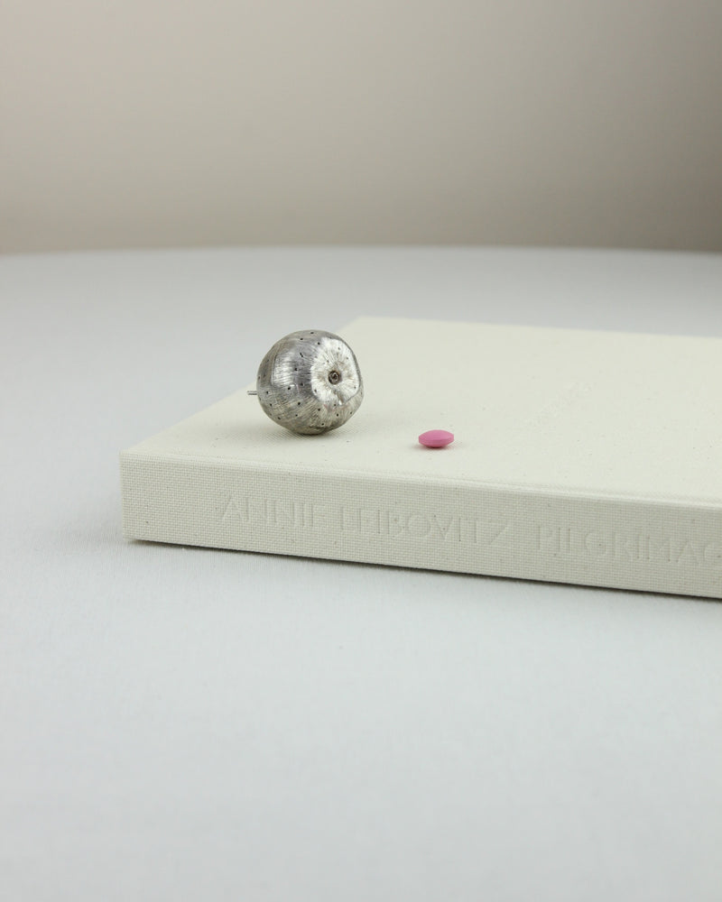 Silver Pillbox — close-up on textured silver surface with pink pill