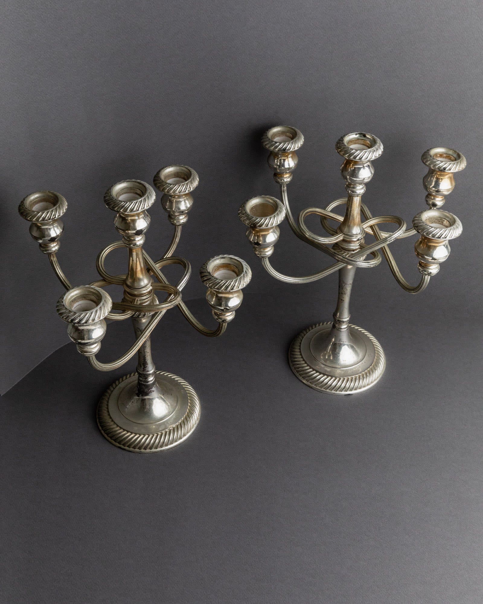 Vintage 1950s Silver Plated Candleholders, Set of 2 — top view showing five arms and curved design