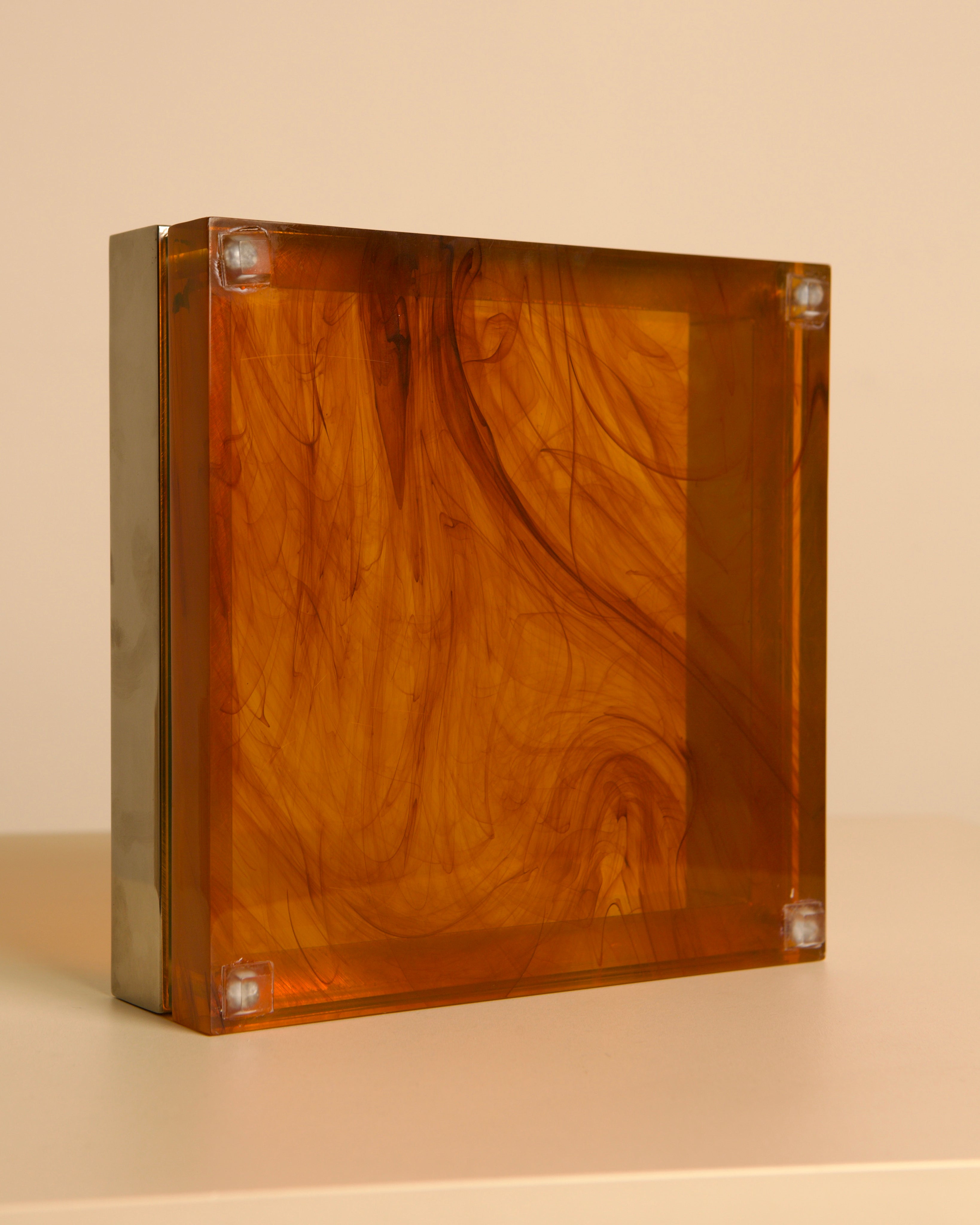 Large 70s Italian square ashtray in metal, glass and light smoked Plexiglas — alternate view