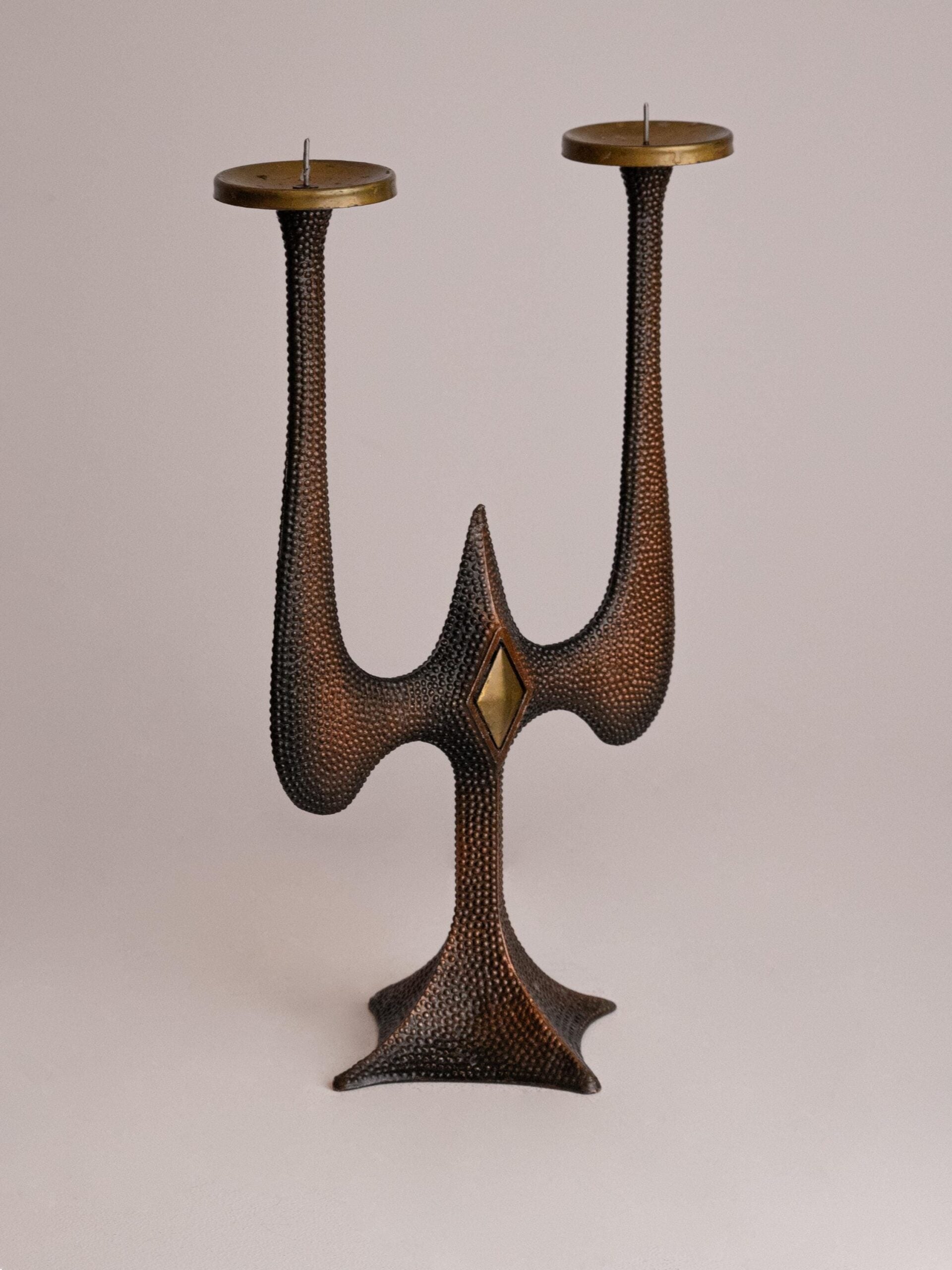 Vintage Brutalist Candle Holder, USSR Mid Century Modern 1960s-1970s Two-Arm Candelabra — detail view