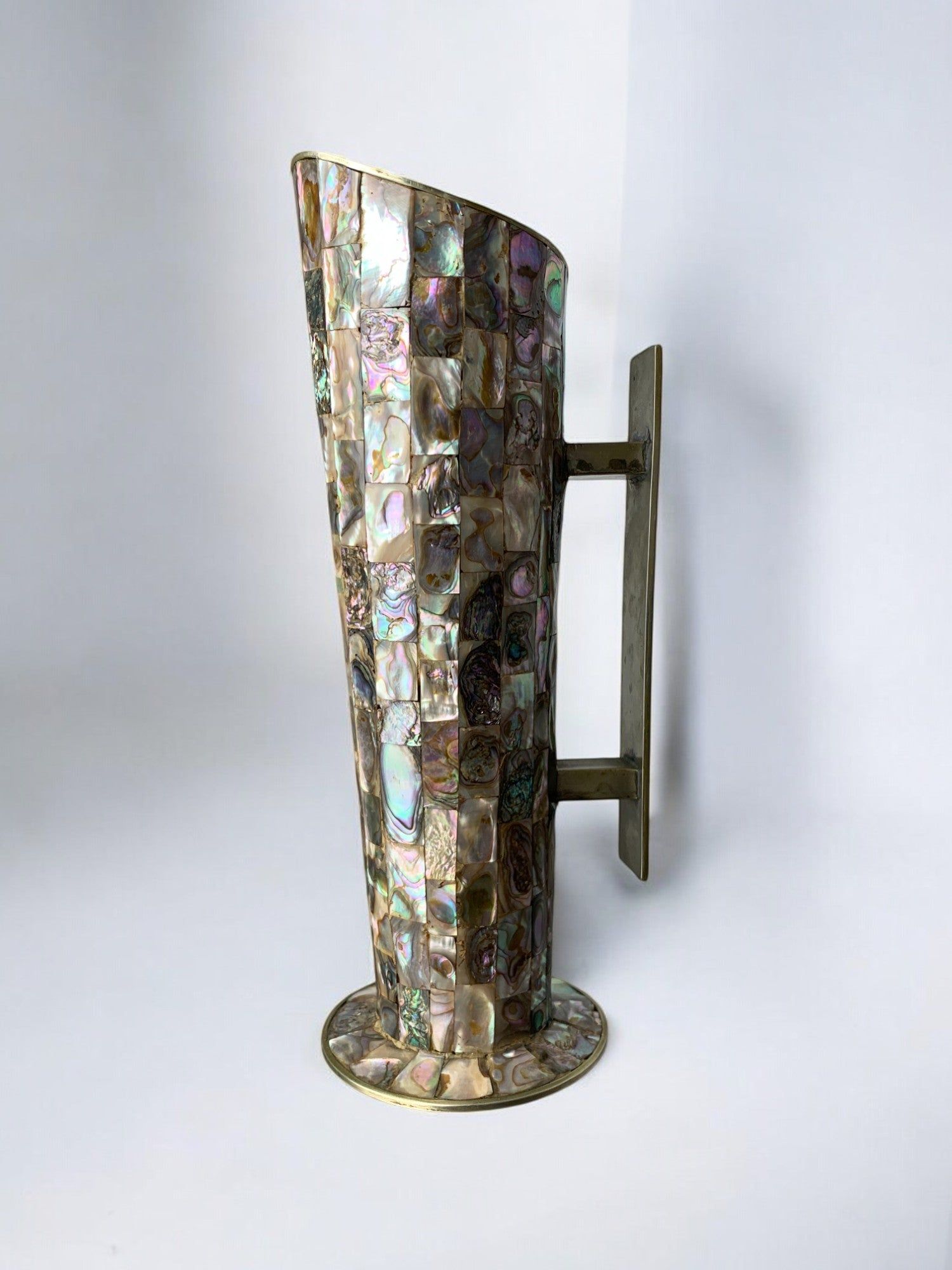 Abalone shell & Alpaca pitcher, Mexico, 1970's — side angle highlighting iridescent shell surface