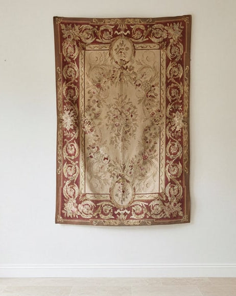 Late 19th Century Aubusson Tapestry with Floral Medallion by Maud Vaughan | The Oblist — vintage wool, neutral tones