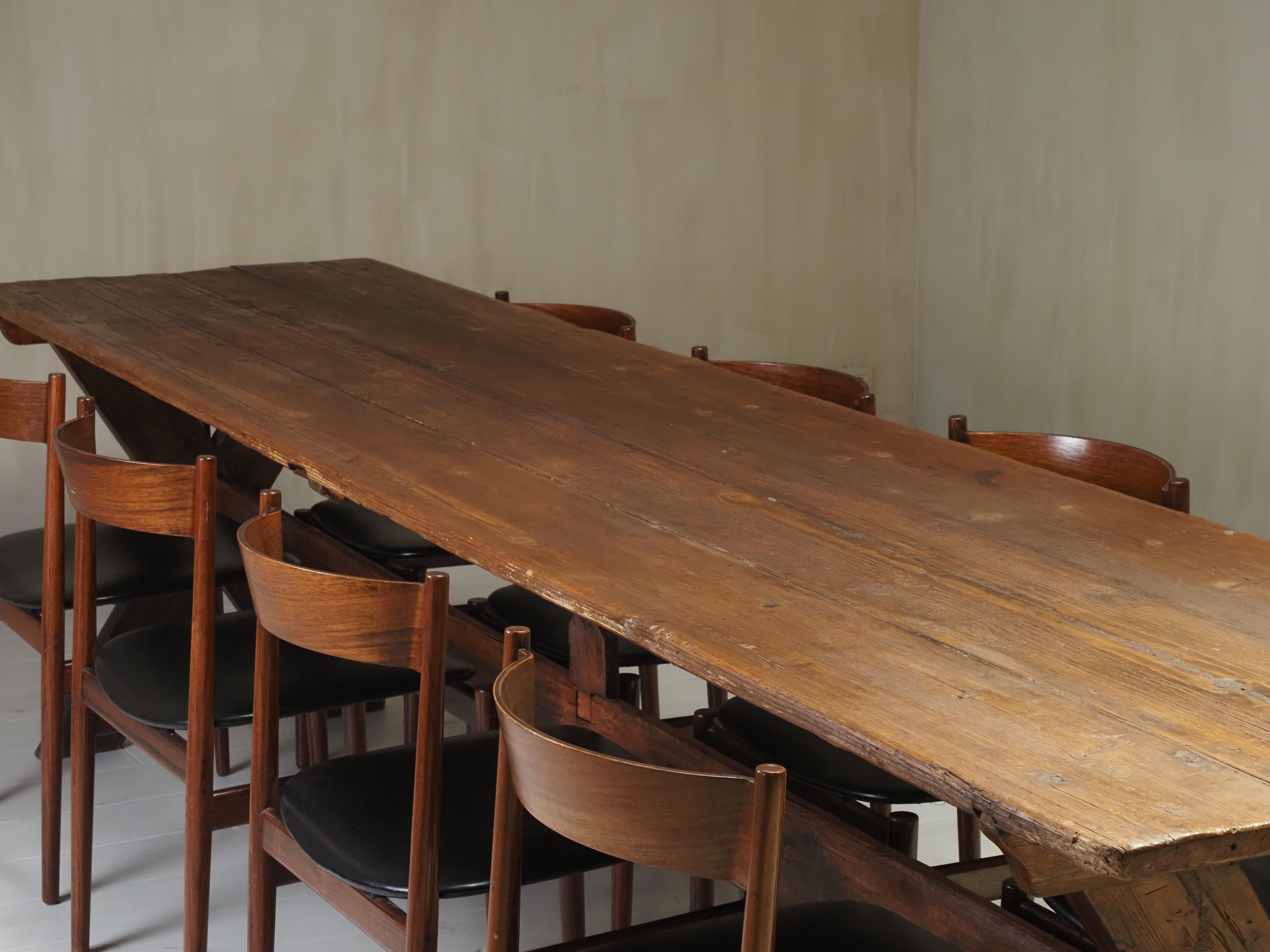 19th Century X-Frame Trestle and Cross Stretcher Base Table — close-up