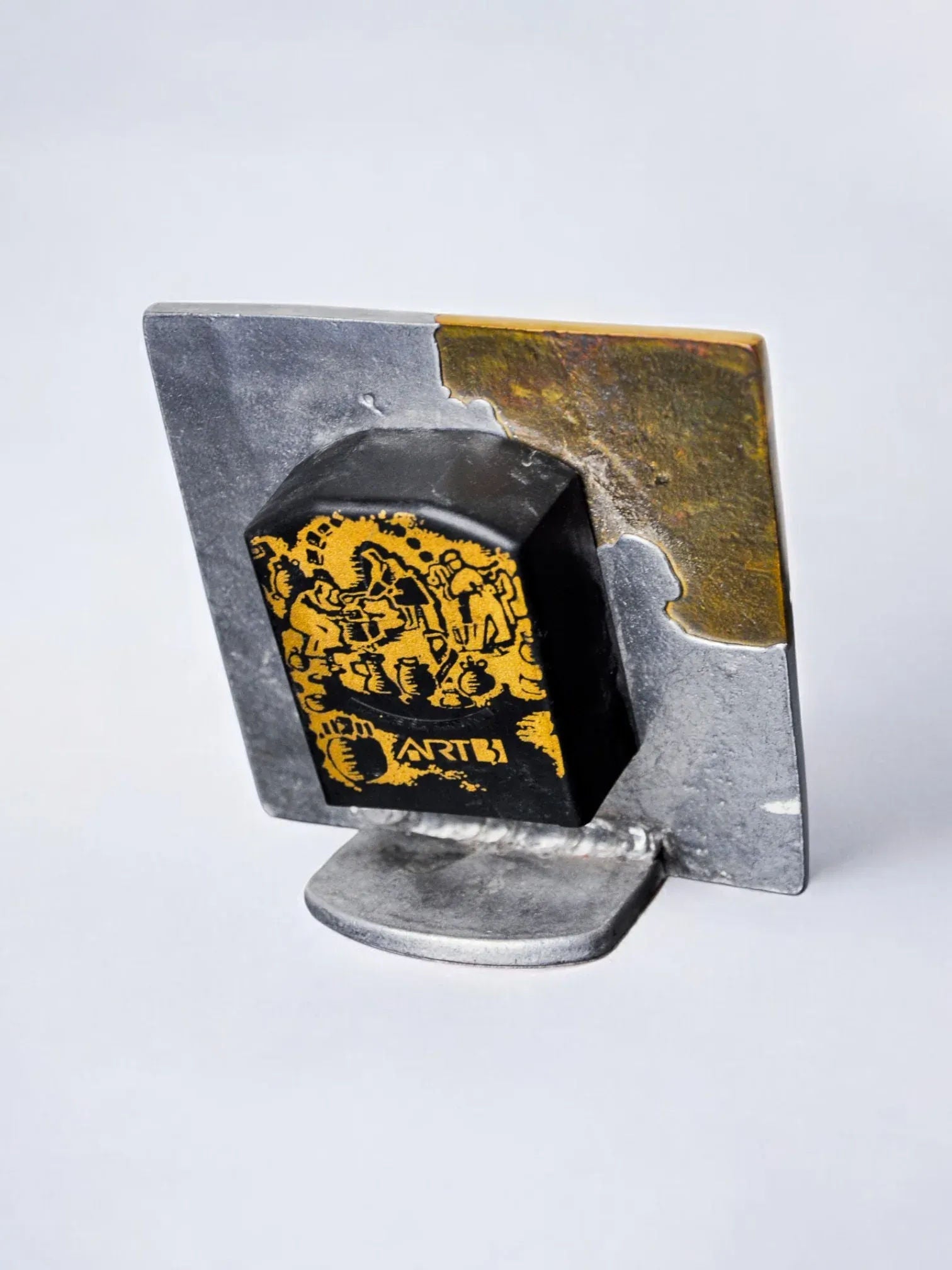 Brutalist Clock "Puzzle" by Art3, Spain, 1980 — angled view on gray backdrop