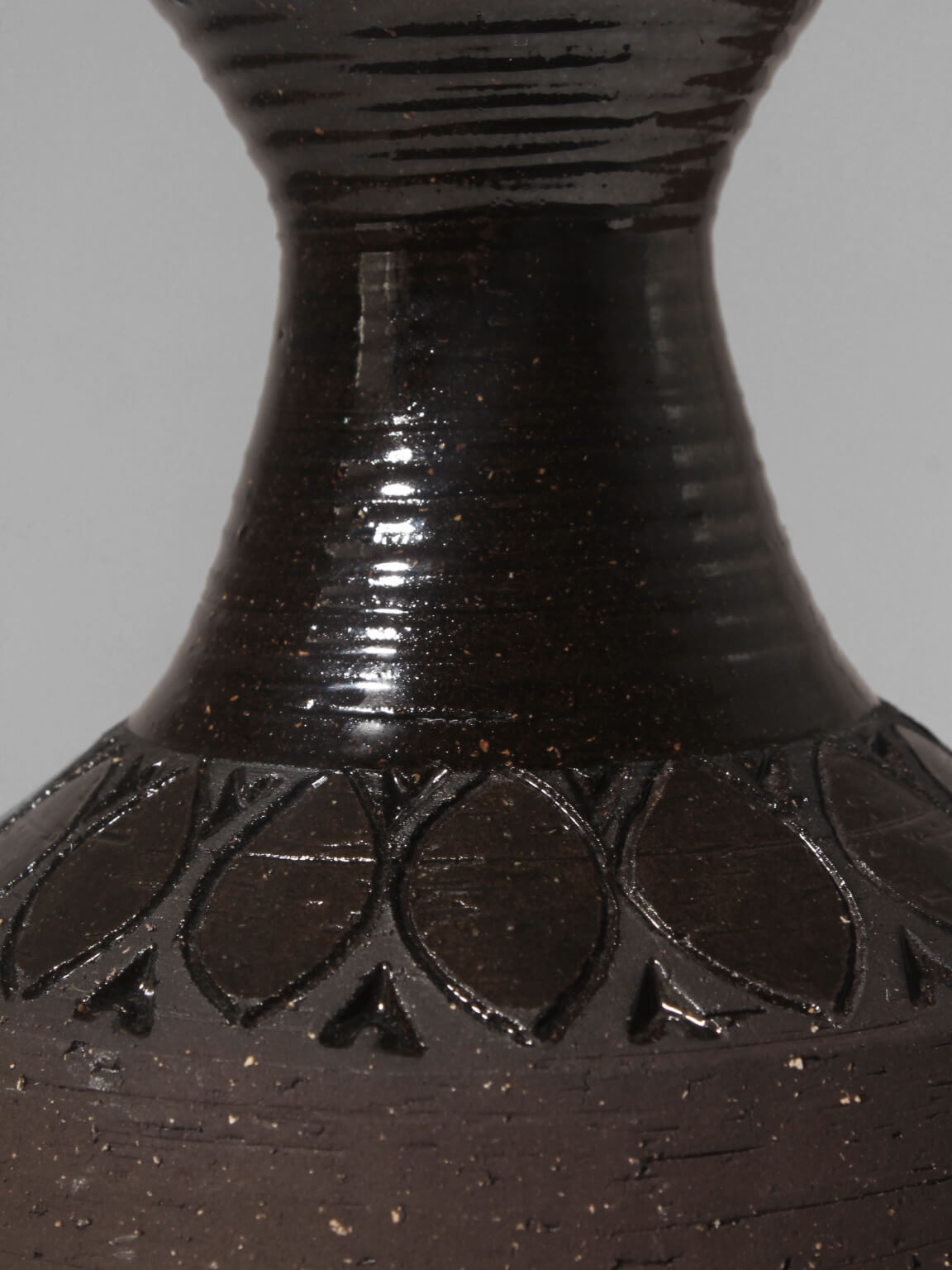 Mid-Century Ethnic Brown Ceramic Vase, Signed — detail view