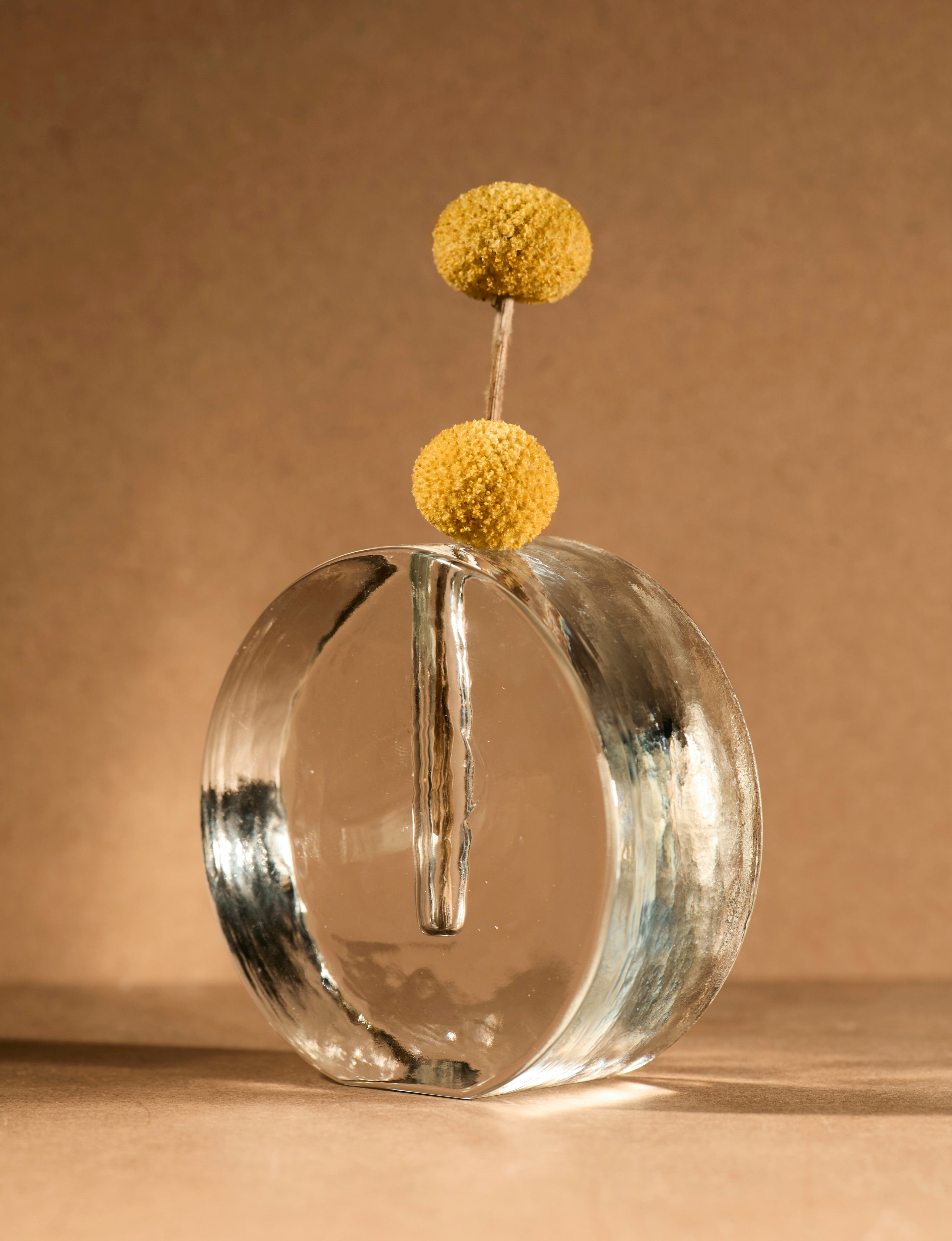 Vintage Scandinavian Clear Vase in Glass — side angle with yellow floral accents
