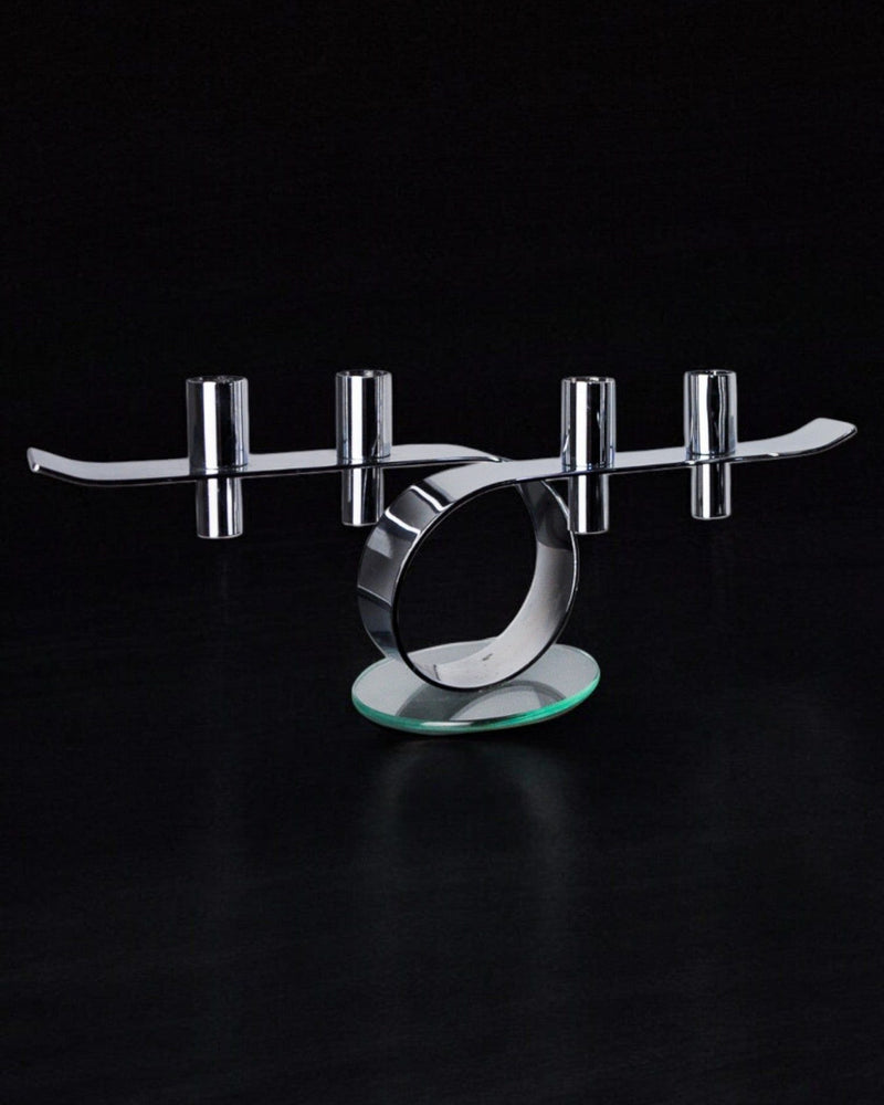 Space-age 4-flame candlestick by Malamar Studio | The Oblist — metal and glass, vintage design