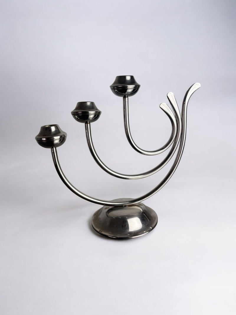 Art deco candlestick in stainless steel, 3 flames, Spain, 1970's by Malamar Studio | The Oblist