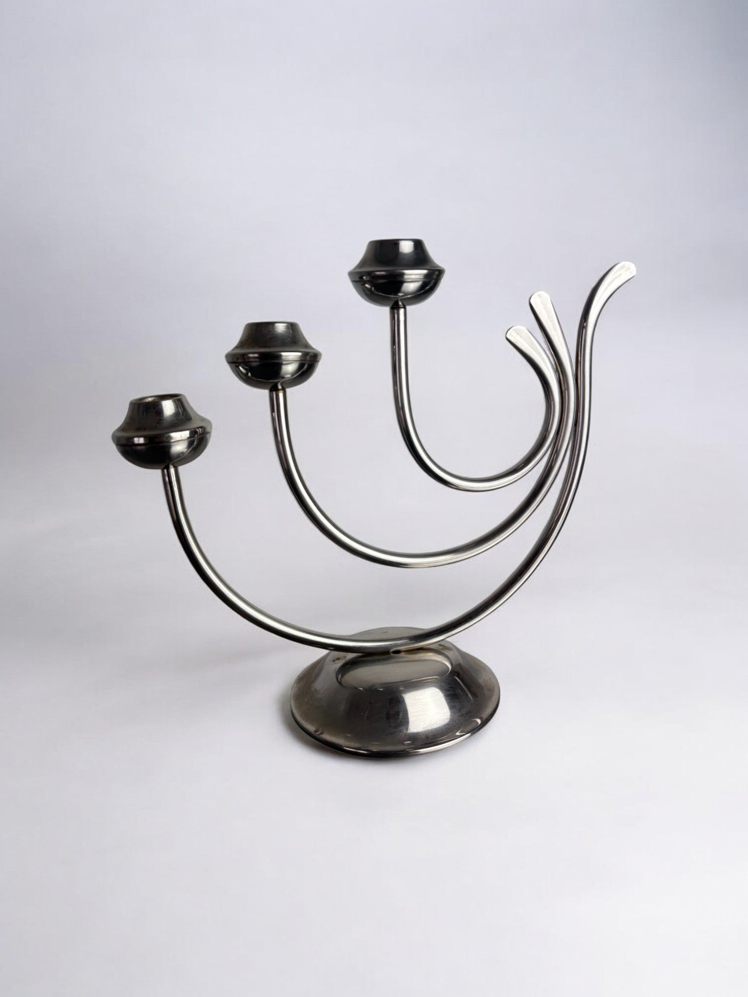 Art deco candlestick in stainless steel, 3 flames, Spain, 1970's by Malamar Studio | The Oblist