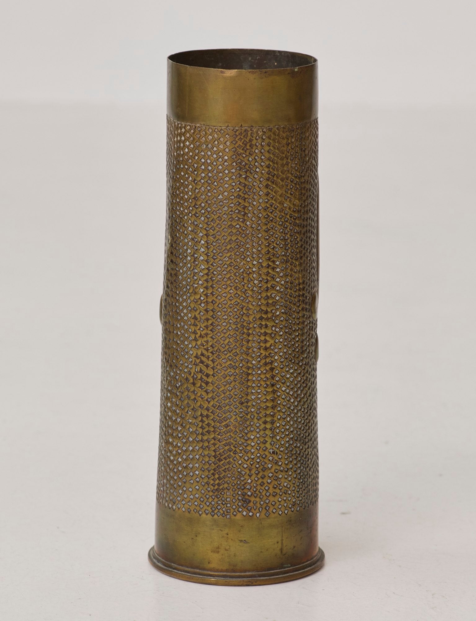 Vintage Vase in Metal Brass (hand-repoussé Iris motif) — alternate view