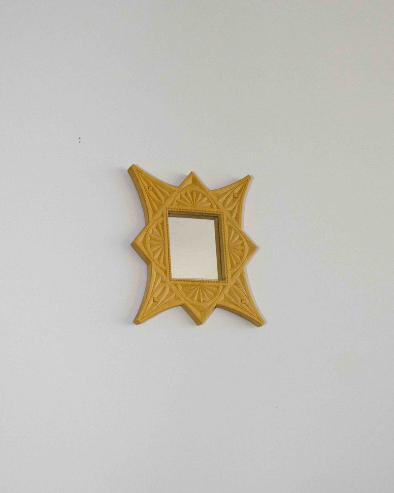 Hand-Carved Geometric Wood Mirror — close-up