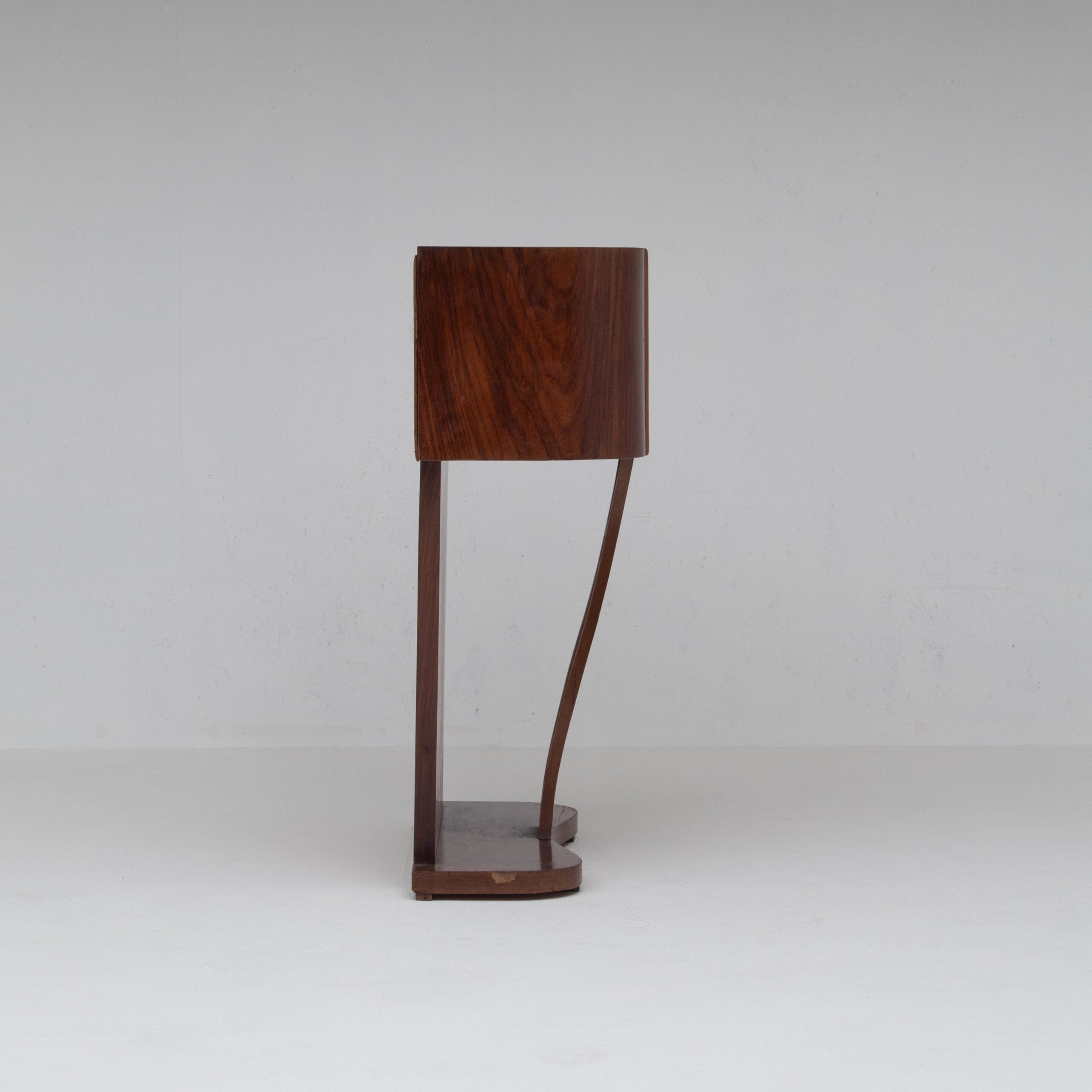 Art Deco Walnut Console with Inlay Details — side profile showing curved wooden legs