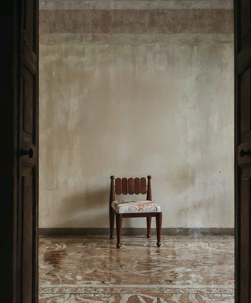 SIMORGH II – Solid Walnut with Hand-Embroidered Upholstery — chair in empty room setting