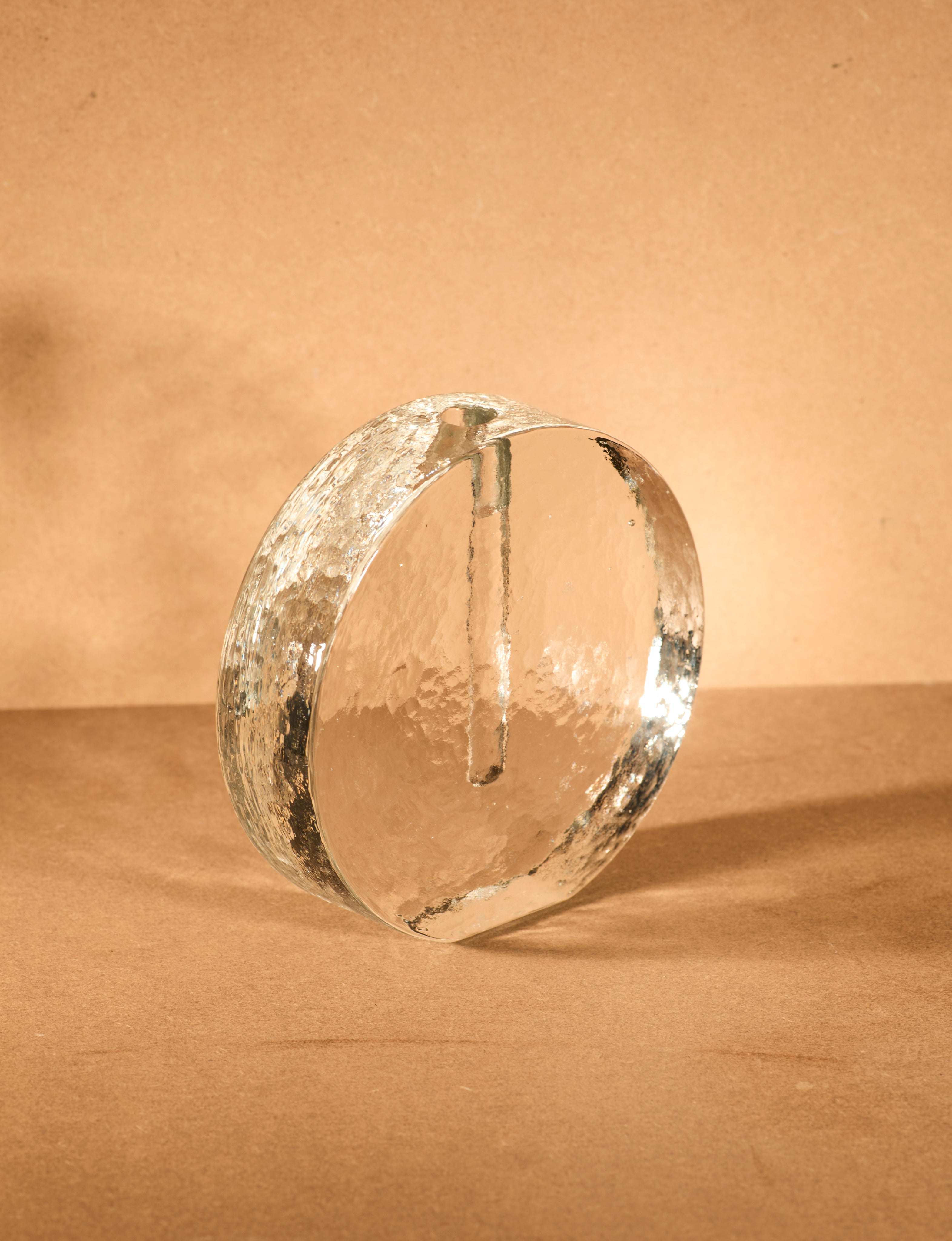 Scandinavian solifleur vase in clear glass c. 1960 — back view highlighting textured surface