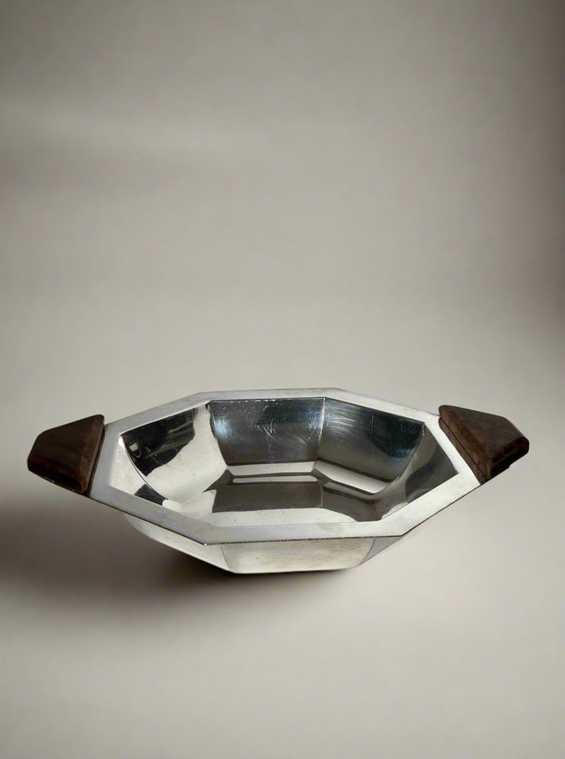 Art Deco octagonal glass bowl with smoky crystal and bronze accents