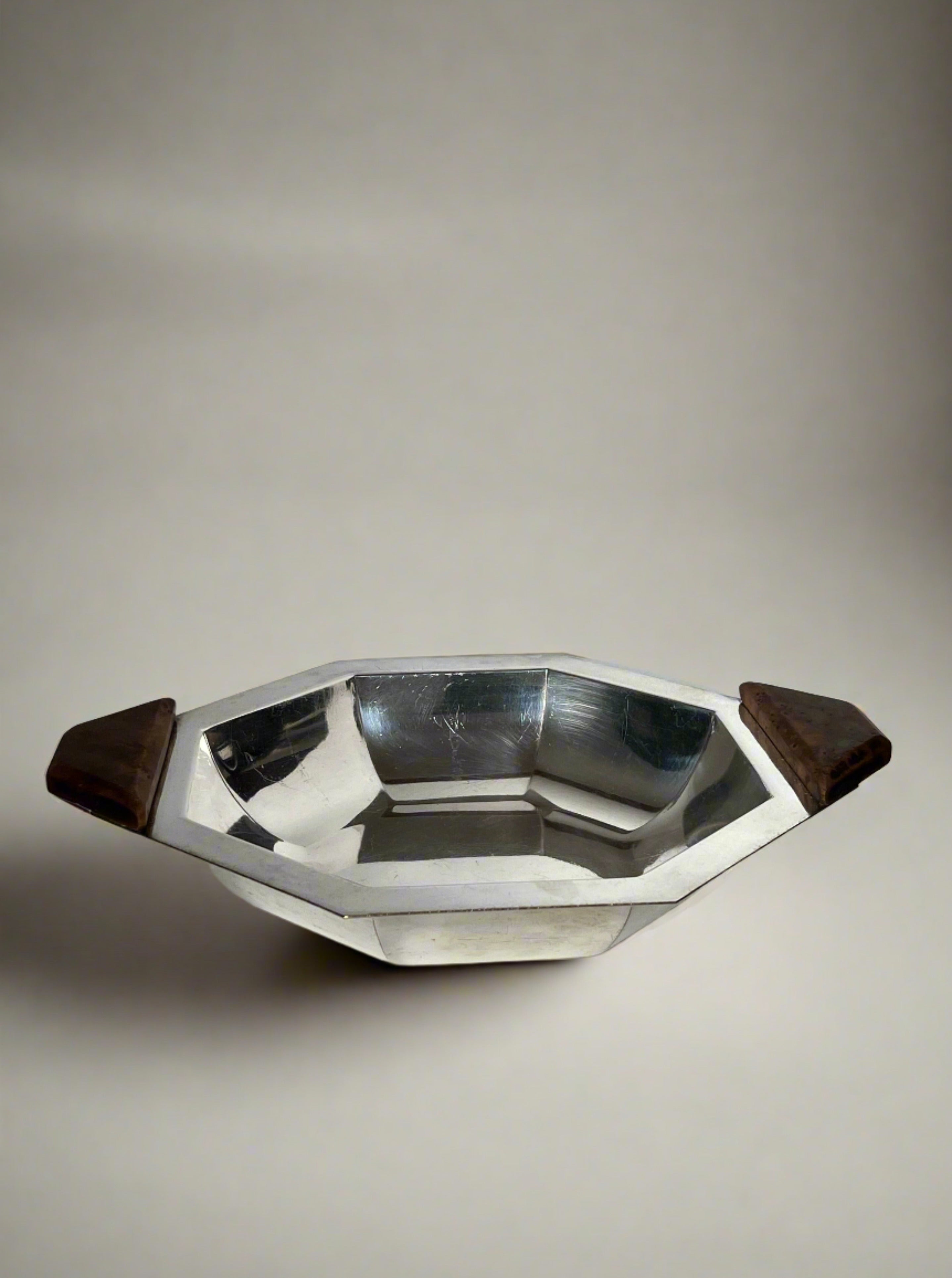 Art Deco octagonal glass bowl with smoky crystal and bronze accents