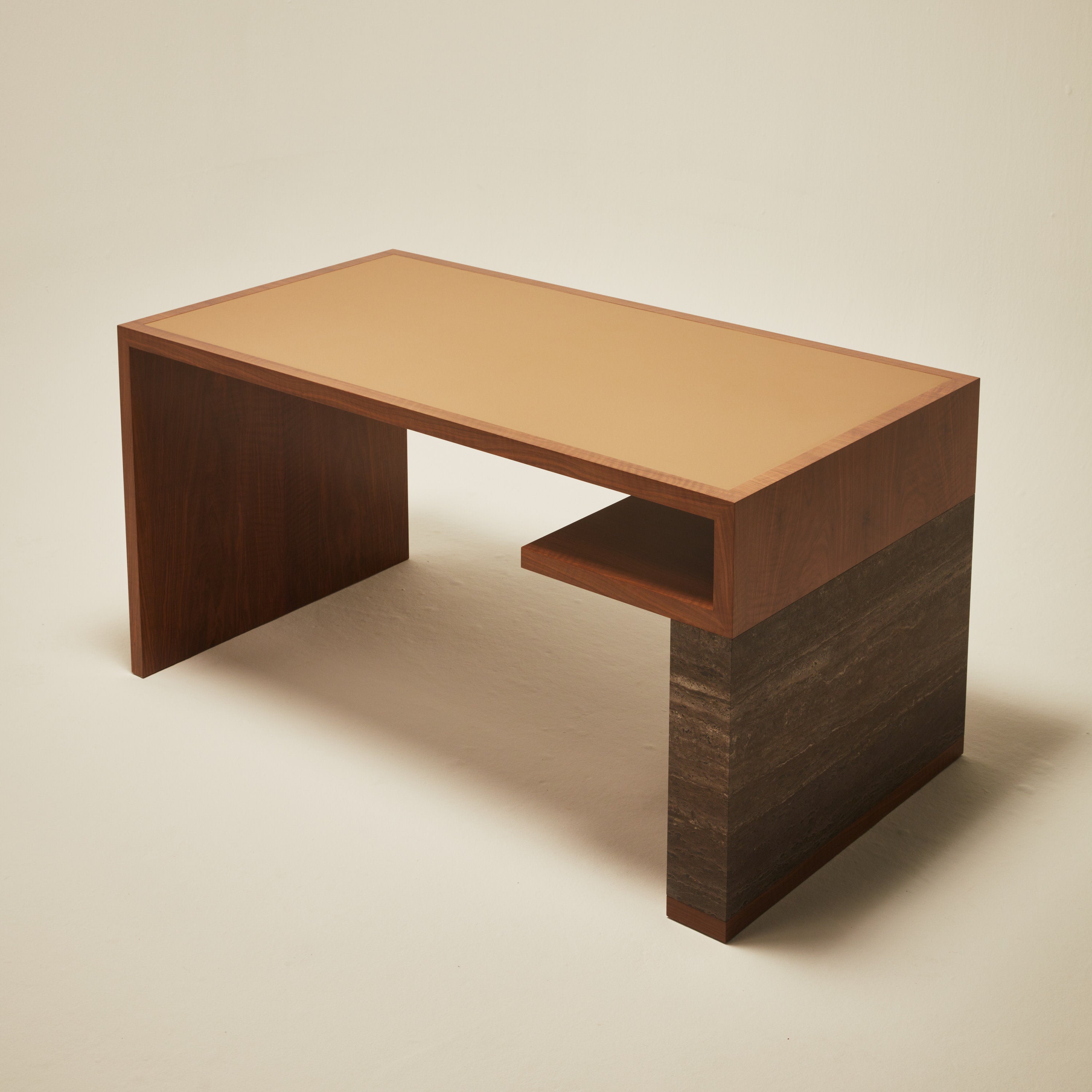 'Continuous' Desk Handcrafted in Wood Veneer With a Lether Tabletop & Travertine Leg by Atelier FM | The Oblist