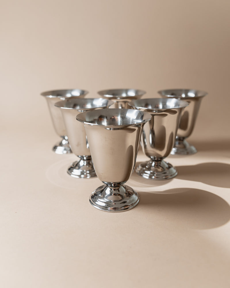Set of six stainless steel cups with pedestal base, Italian 1970s