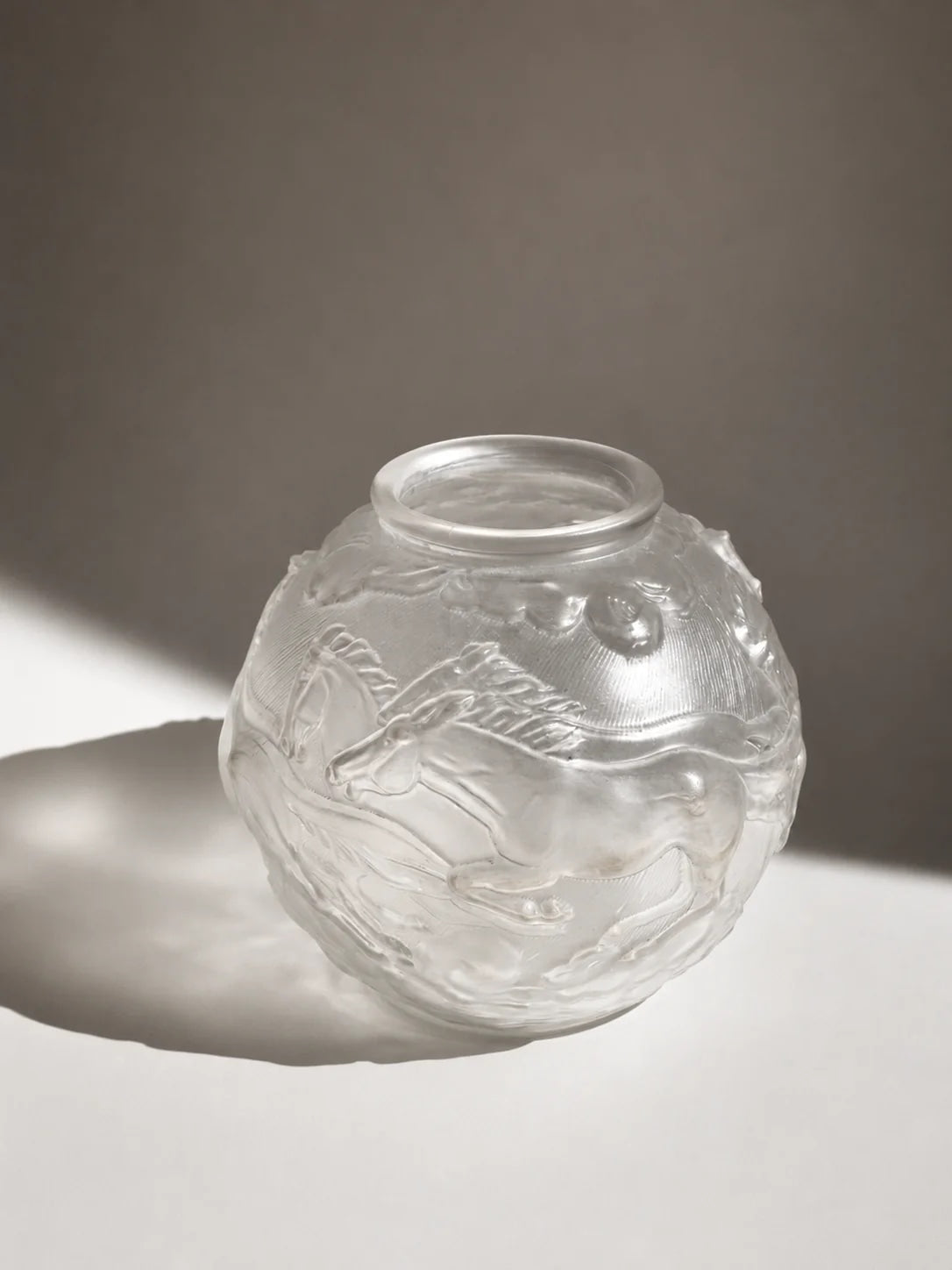 Pristine Art Deco "Galloping Horses" Frosted Glass Vase by Karl Zentner for Libochovice, c. 1930s — side angle