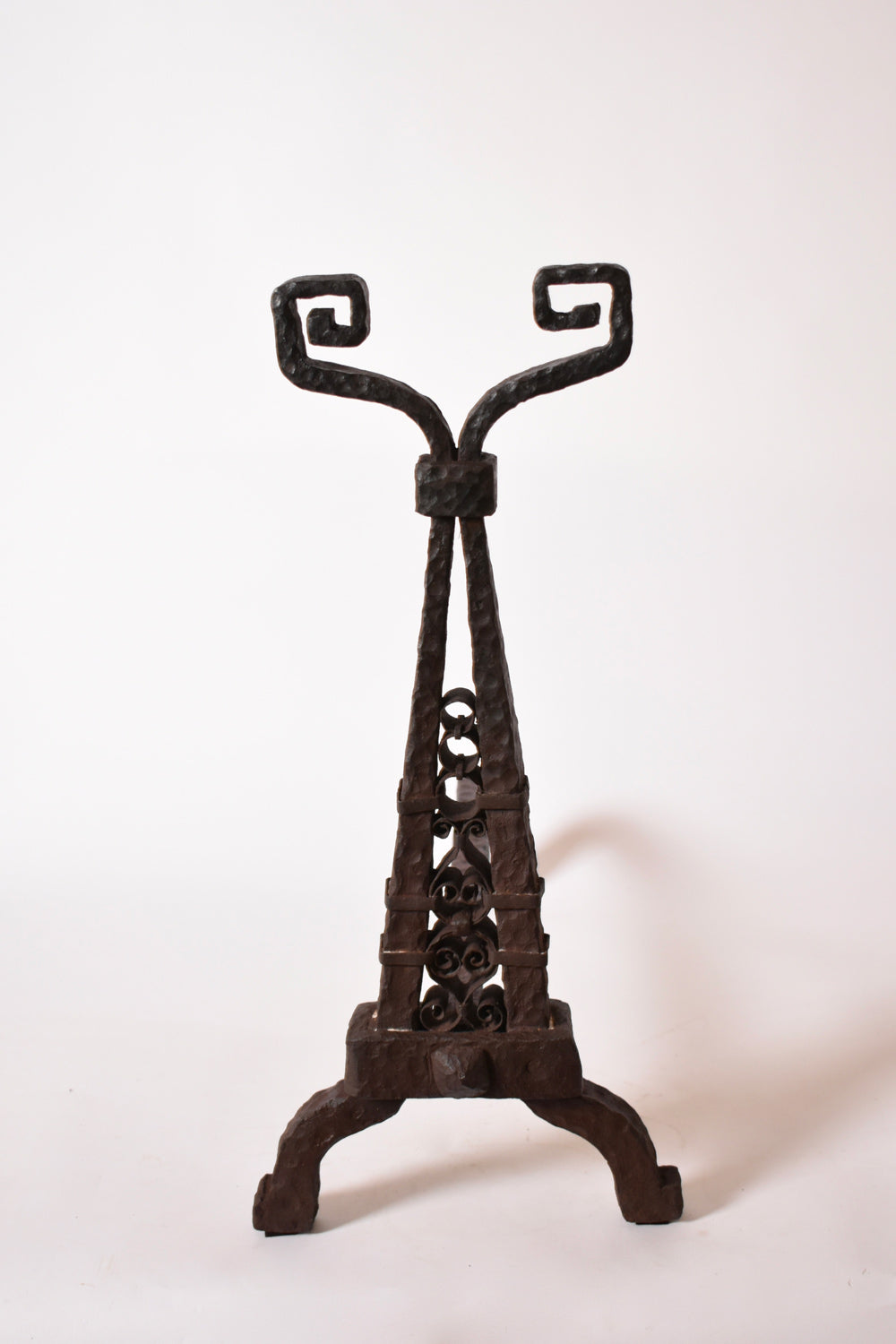 Pair of Directoire Period Andirons, XIXth c. — side angle showing wrought iron design
