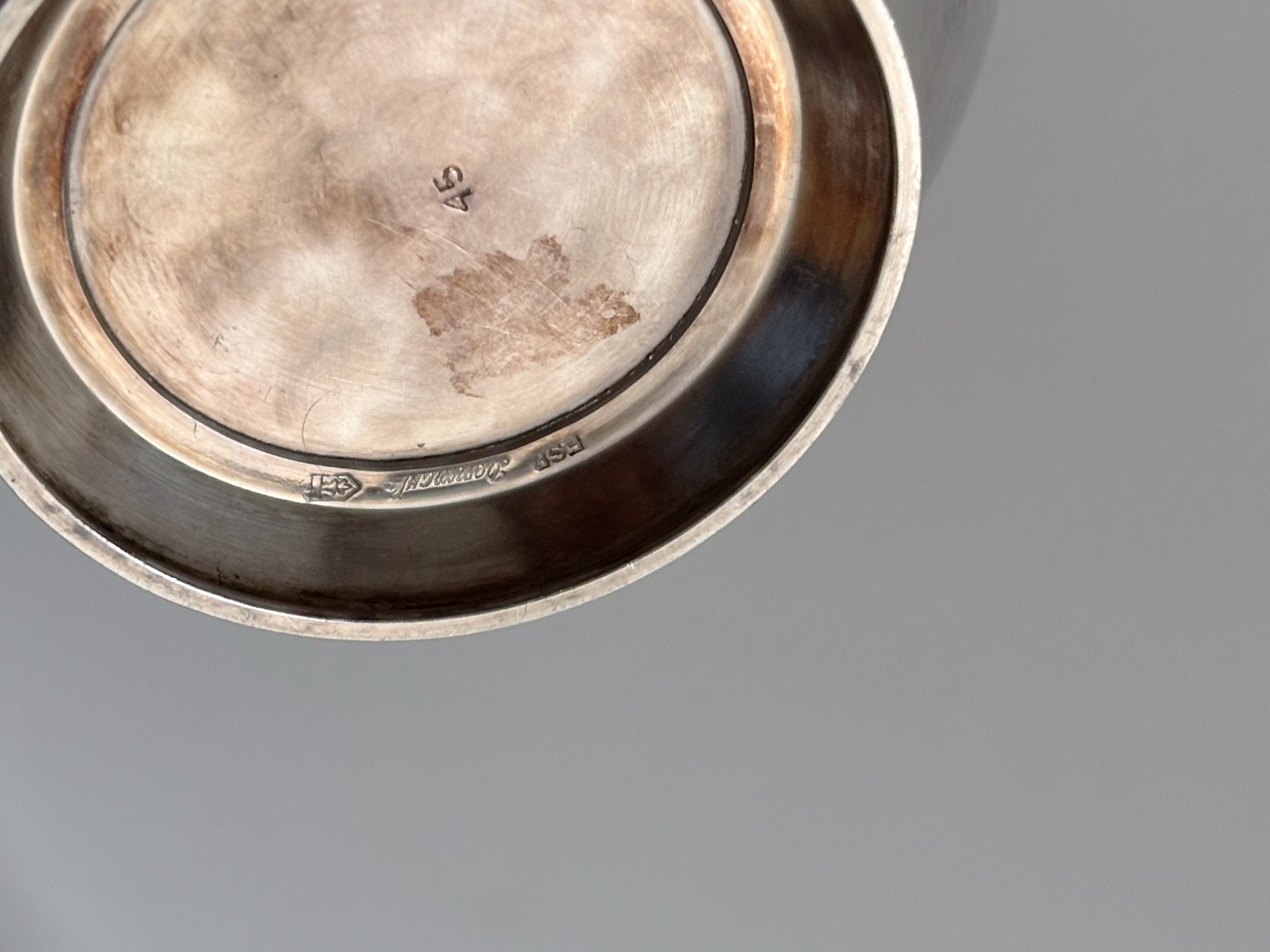Danish Silver Plated Coffee Set, 2-Piece (c. late 1950s–early 1960s) — underside view showing maker's mark and patina