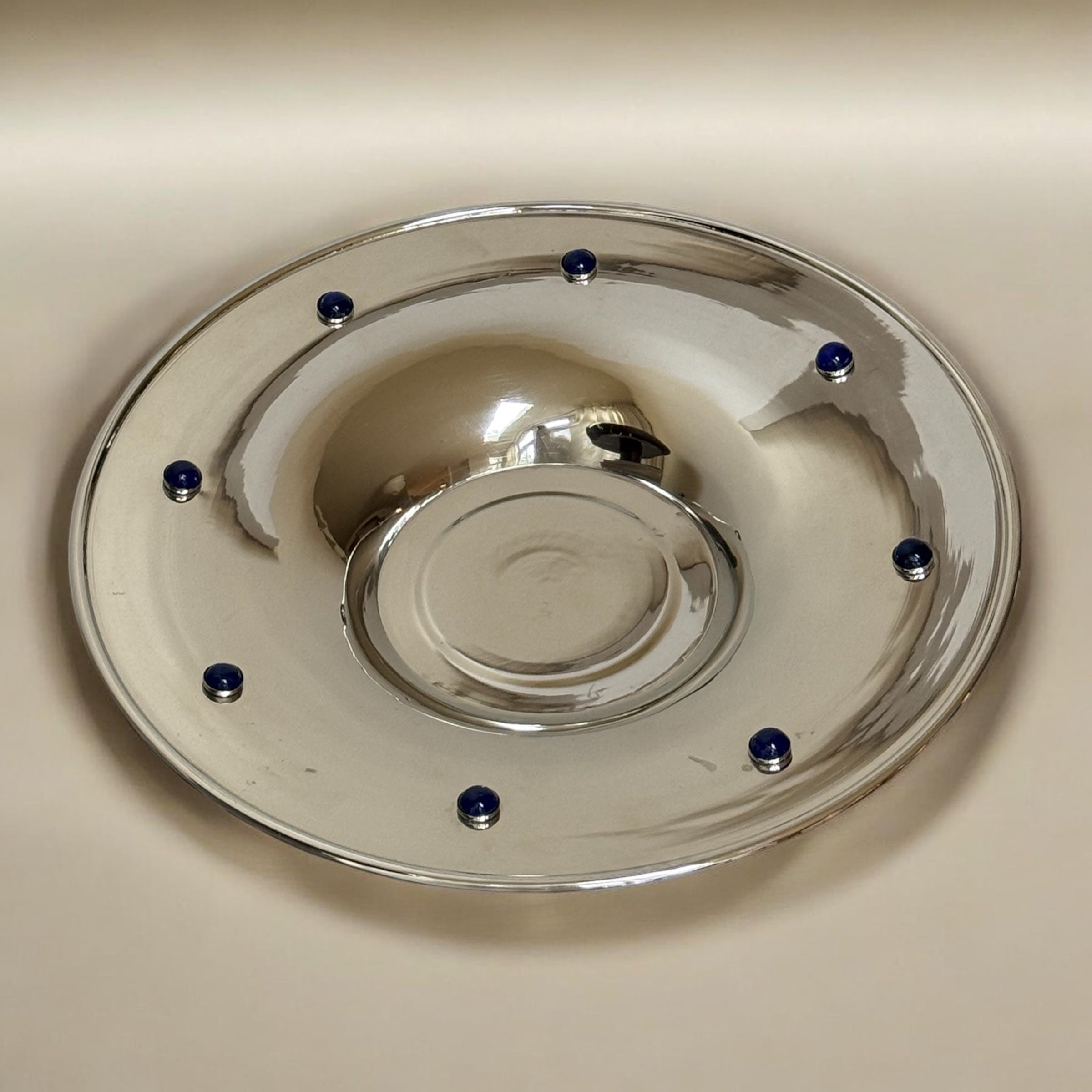 Decorative Dish with Cobalt Accents, 60s/70s — close-up view highlighting cobalt dots on polished surface