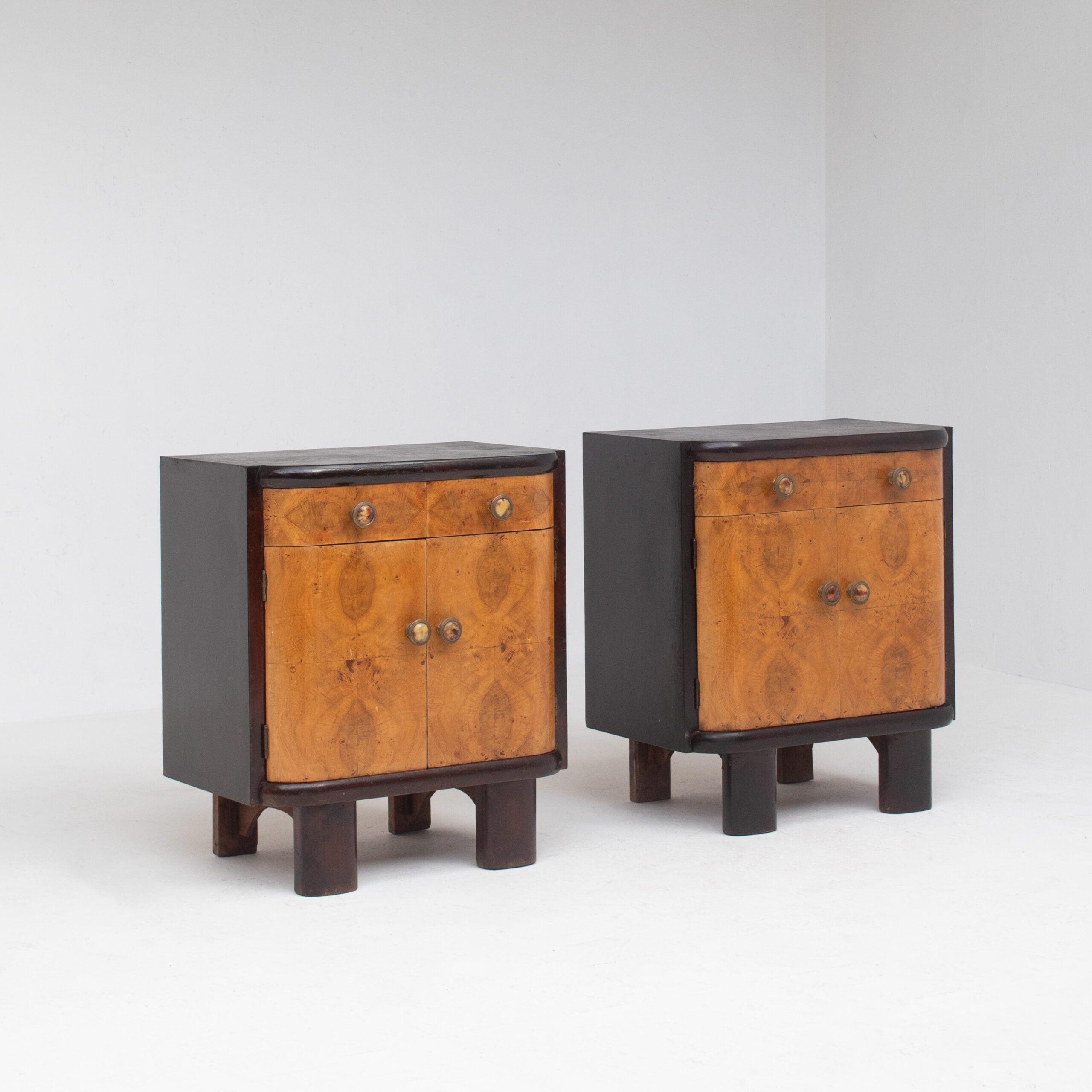 Pair of Italian Art Deco Bedside Cabinets — side angle showing walnut wood finish