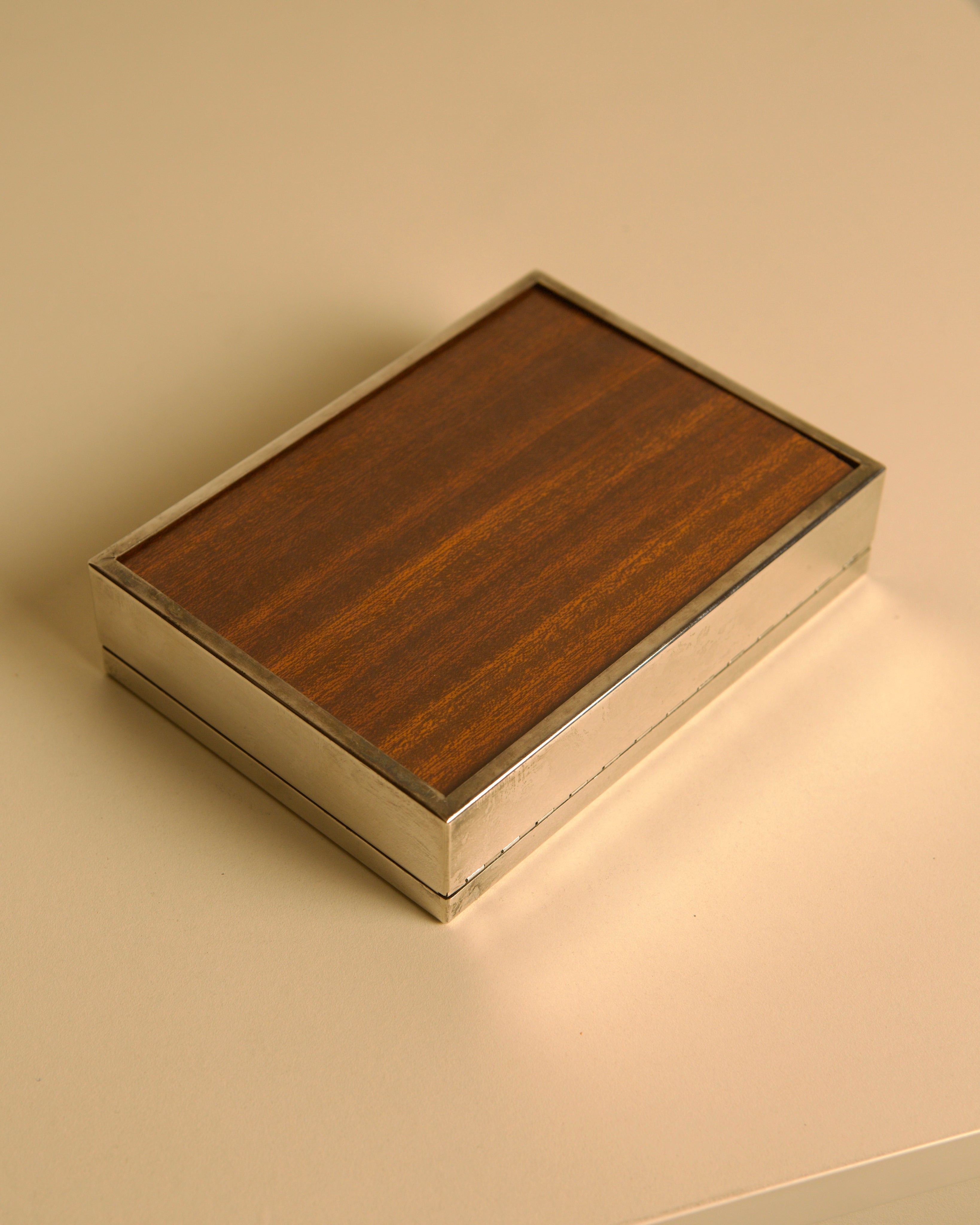 Italian Silver-plated Metal Box with a Wooden Interior, 80s — top view highlighting wooden interior texture
