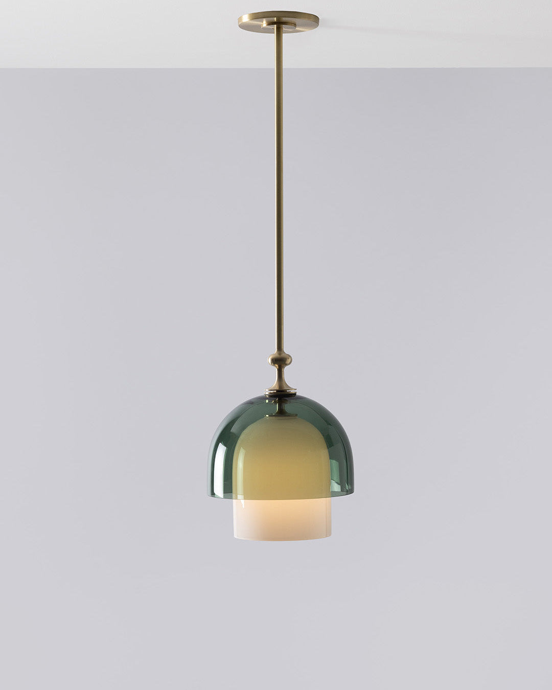 SkLO + AvroKO Elizabeth II Pendant - Light Beige and Olivin glass, Antique Brass finish — alternate view
