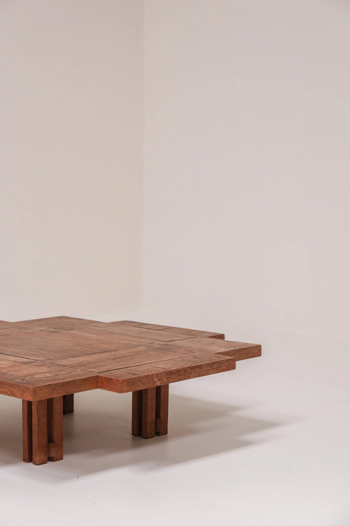Unique Dutch Brutalist Square Oak Coffee Table, Netherlands, 20th Century — lifestyle setting