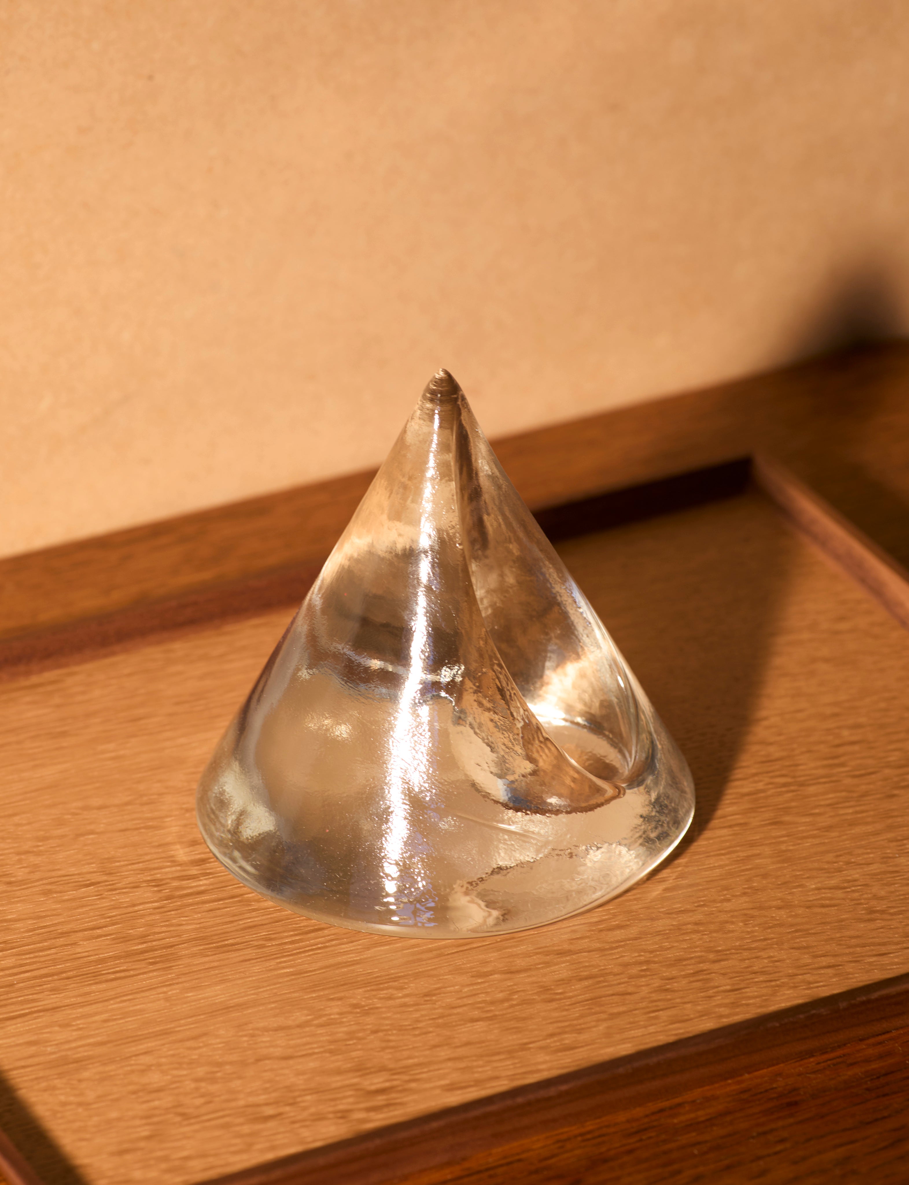 Clear glass pyramid candle holder in European glass  — close-up